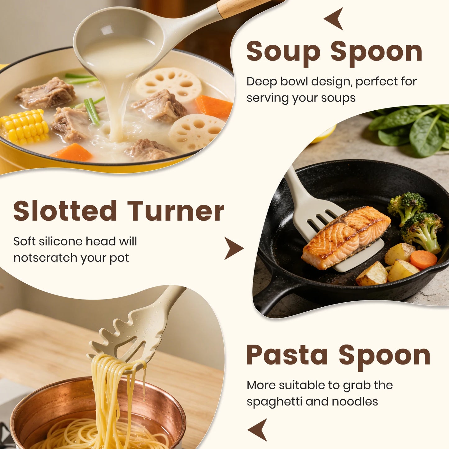 Silicone Kitchen Utensil Set With Wooden Handles Nonstick Food Grade