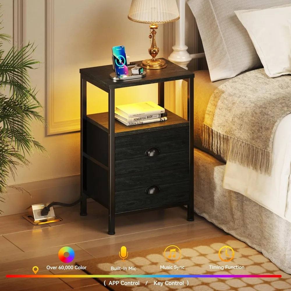 Nightstands Set Of 2 With Charging Station And LED Lights