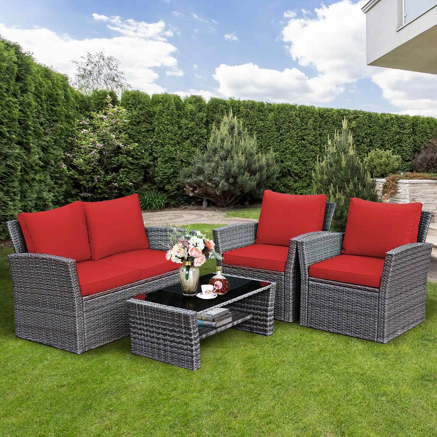HOMASIS 4-Piece Patio Rattan Furniture Set With Storage Table