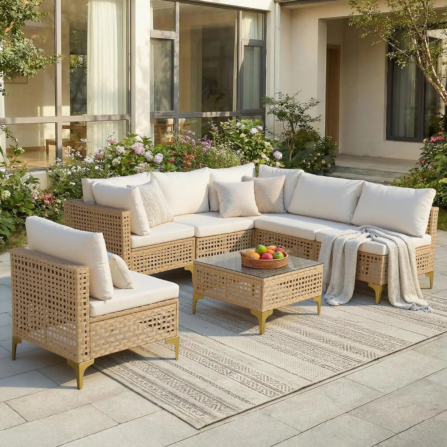 Outdoor Wicker Patio Sectional Sofa Set With Glass Coffee Table