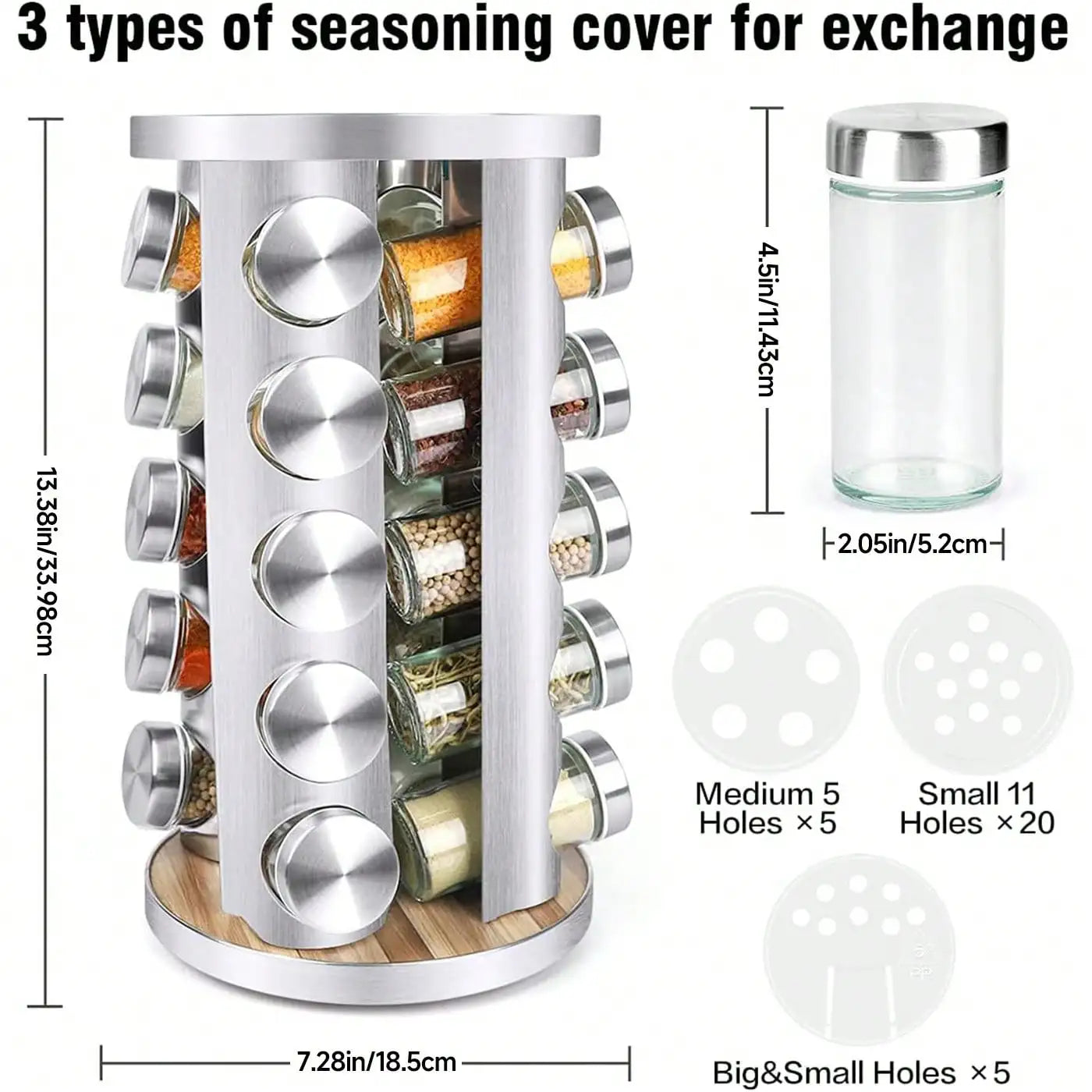 Spice Rack Organizer With Jars 20Pcs Revolving Stainless Steel Wood