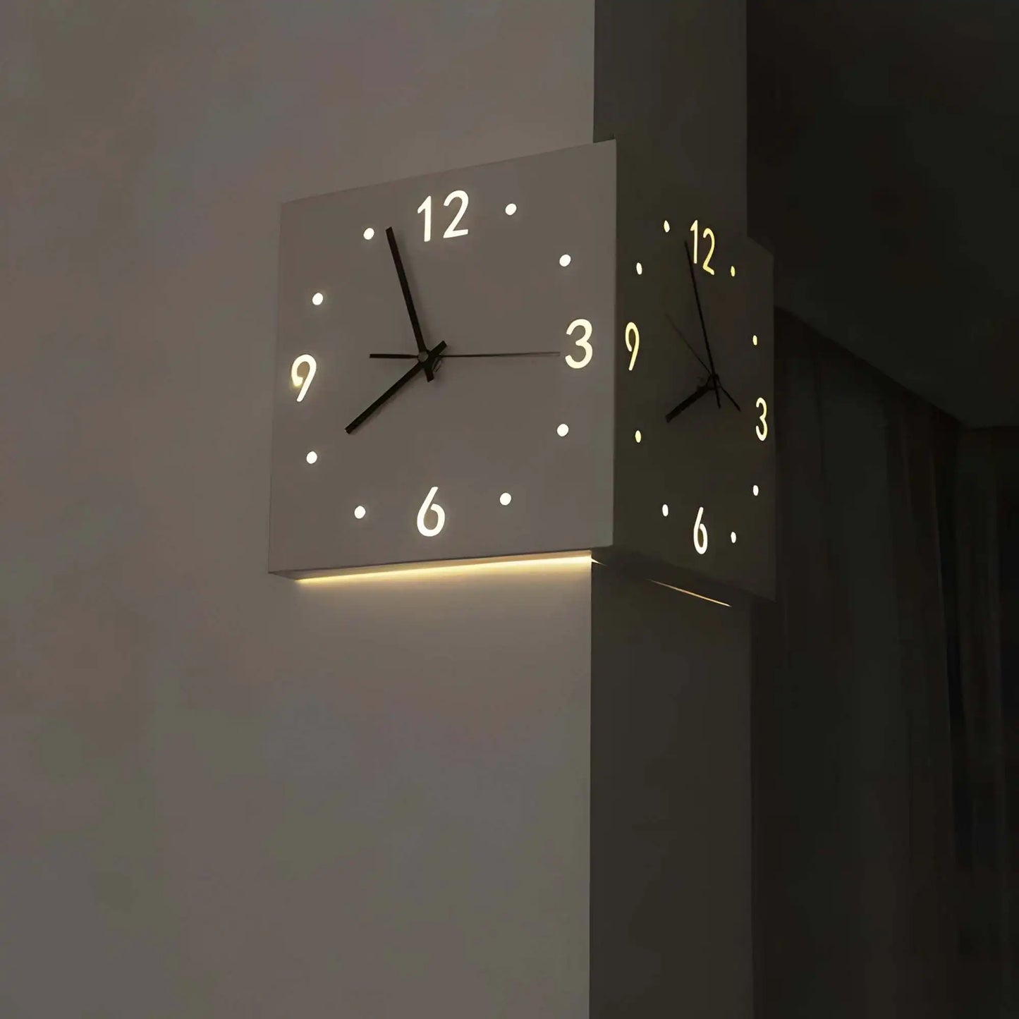 Double Sided Luminous Corner Wall Clock Modern Silent Timepiece