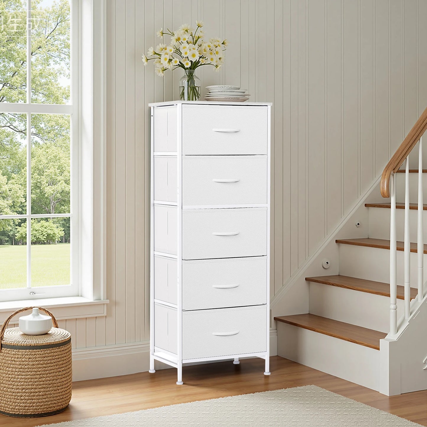 JHK Dresser With Five Fabric Drawers For Bedroom Storage
