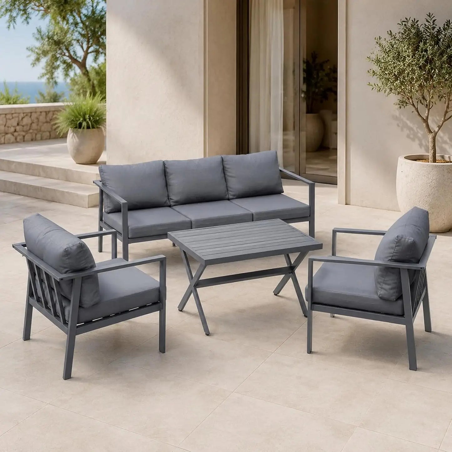 Aluminum Outdoor Patio Furniture Set with Coffee Table,4 Piece Patio Conversation Sets with Washable Thick, Customized