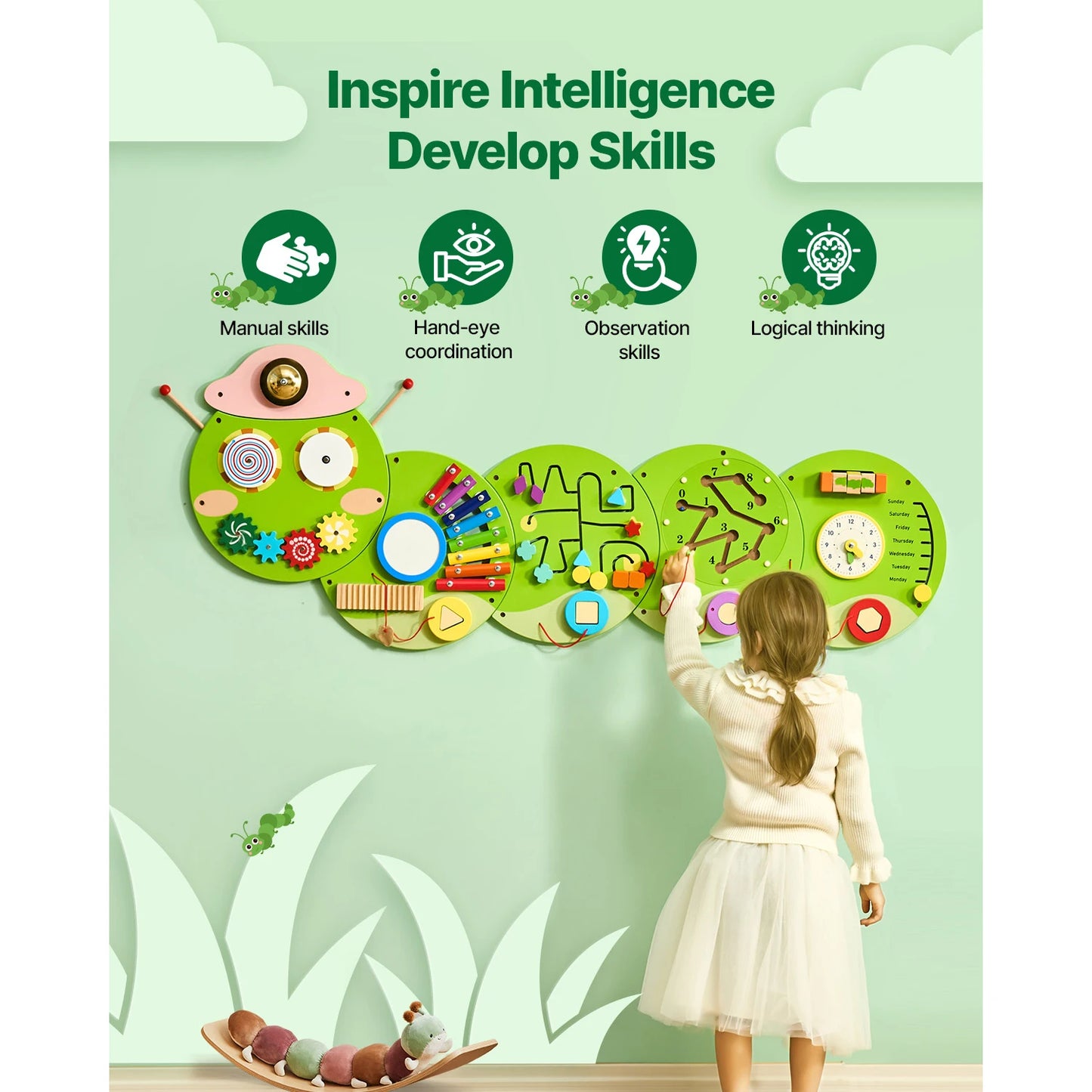 SucceBuy Caterpillar Kids Wall Busy Board Montessori Sensory Panel