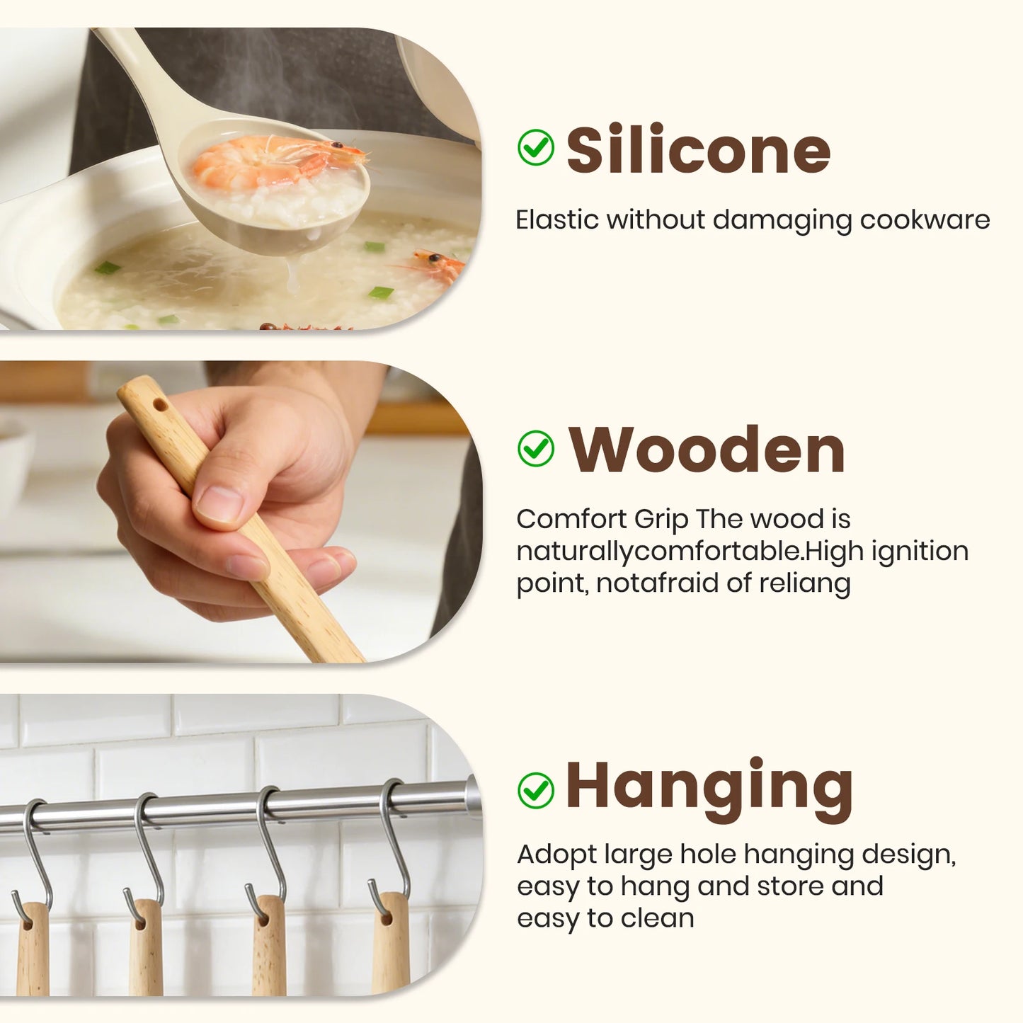Silicone Kitchen Utensil Set With Wooden Handles Nonstick Food Grade