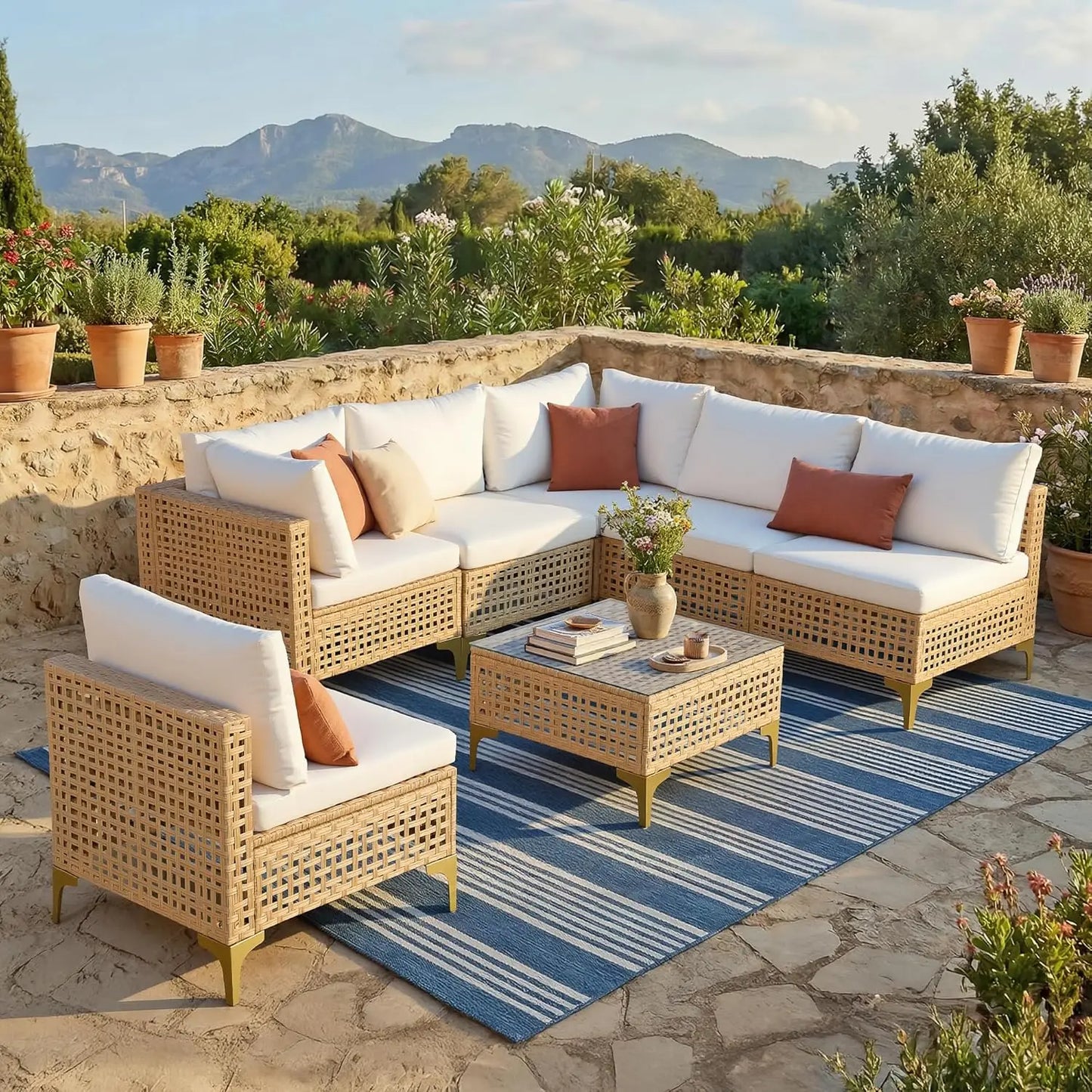 Outdoor Wicker Patio Sectional Sofa Set With Glass Coffee Table