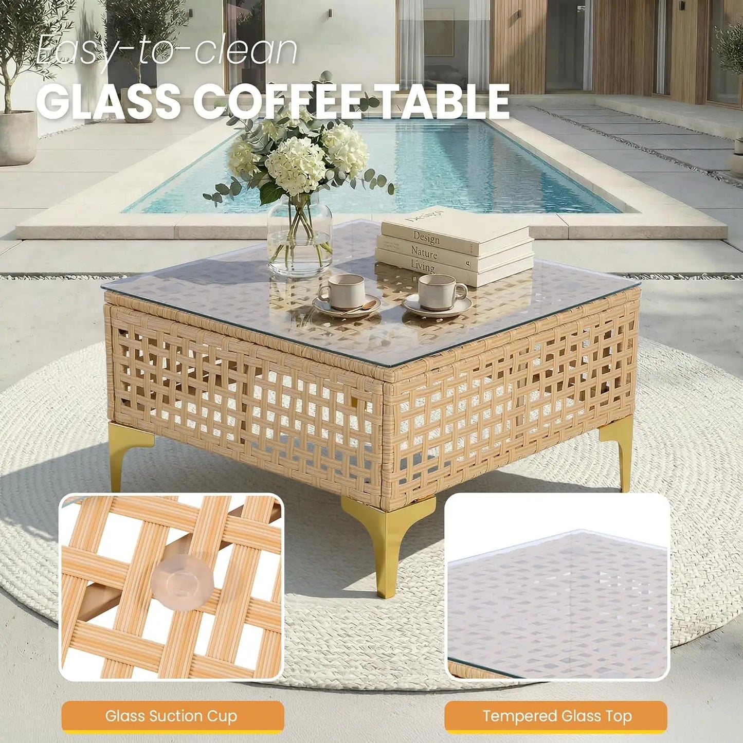 Outdoor Wicker Patio Sectional Sofa Set With Glass Coffee Table