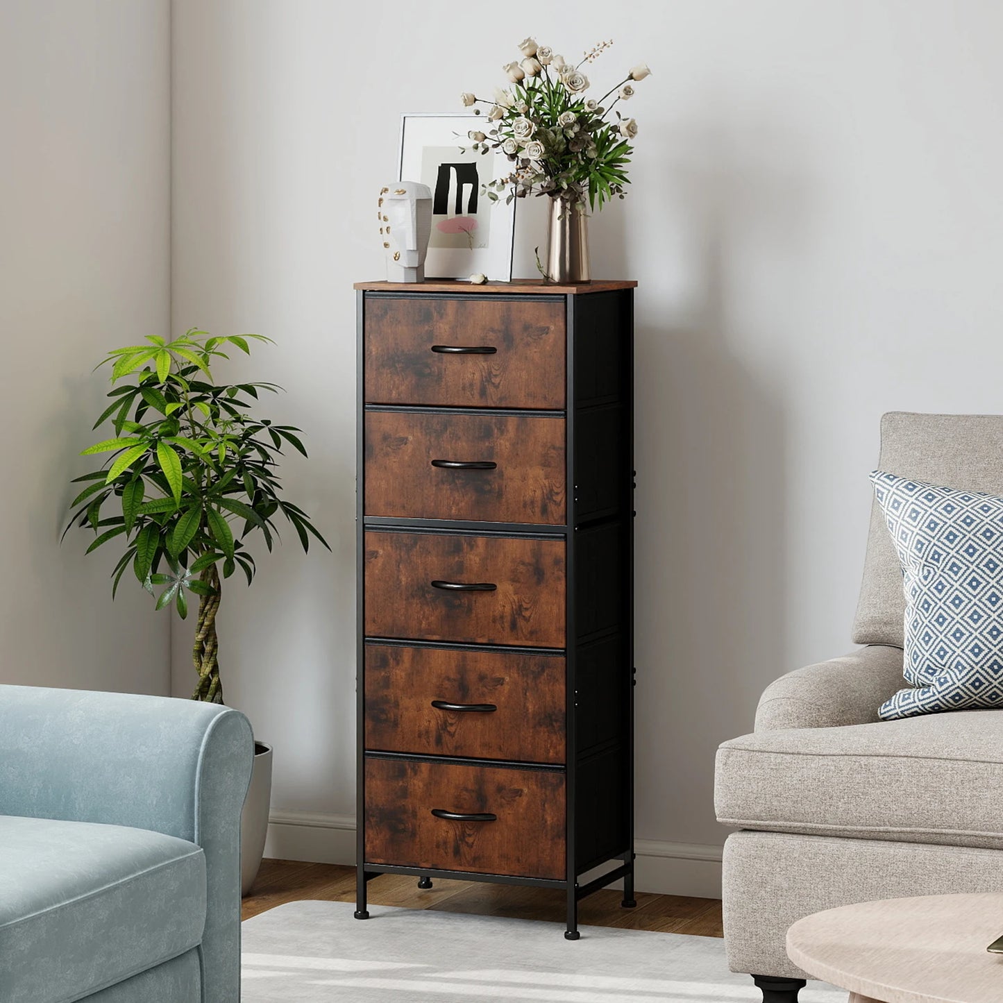 JHK Dresser With Five Fabric Drawers For Bedroom Storage
