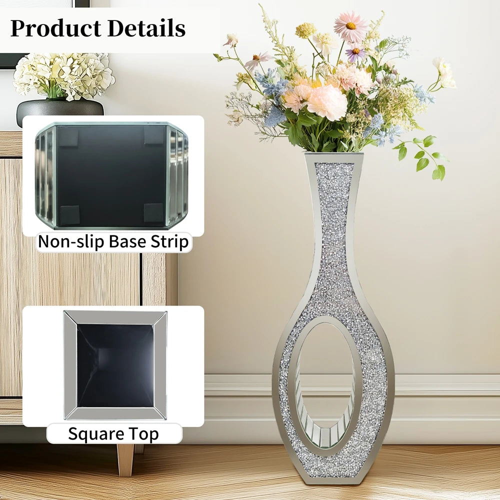 Mirrored Floor Vase With Crushed Diamond Decor For Modern Home