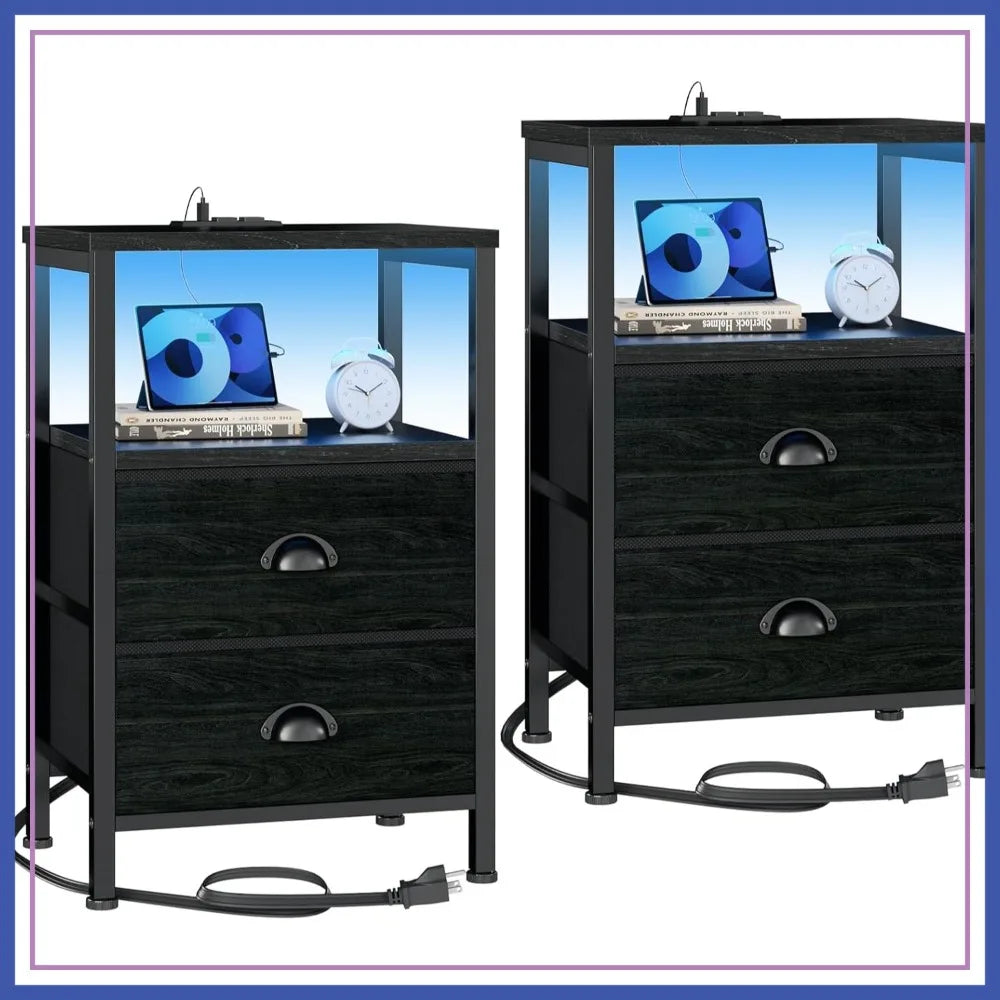 Nightstands Set Of 2 With Charging Station And LED Lights