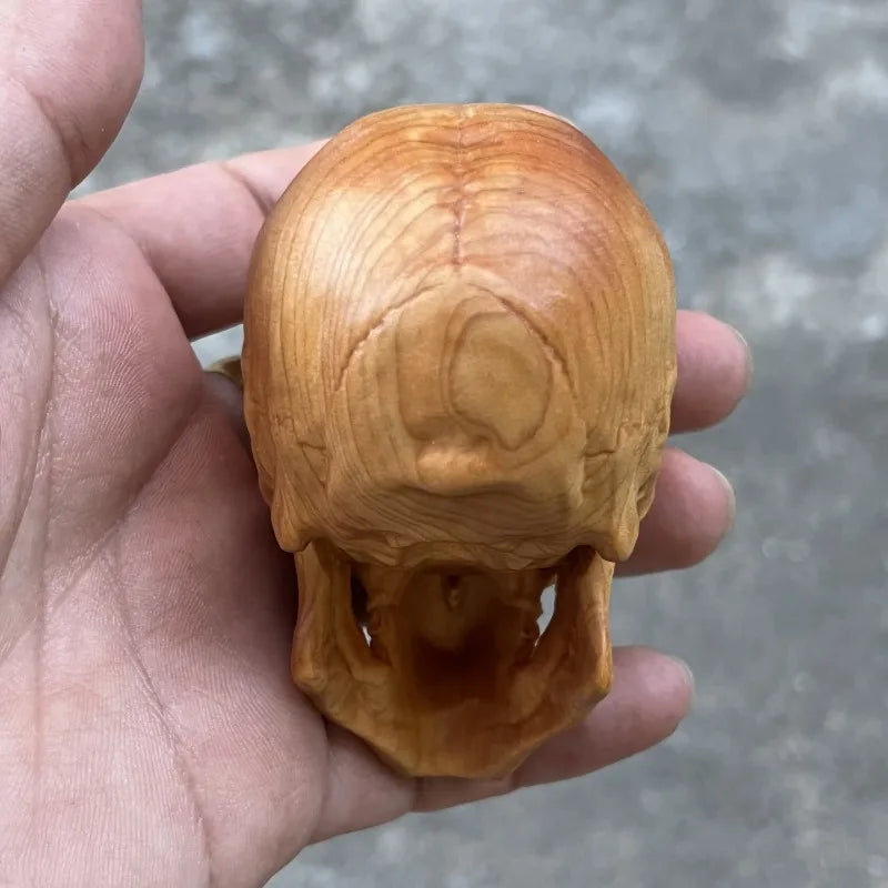 Hand-Carved Cypress/Boxwood Skull - 3.5" Gothic Style Wood Carving, Halloween Decor, Desktop Ornament, Pocket Figurine