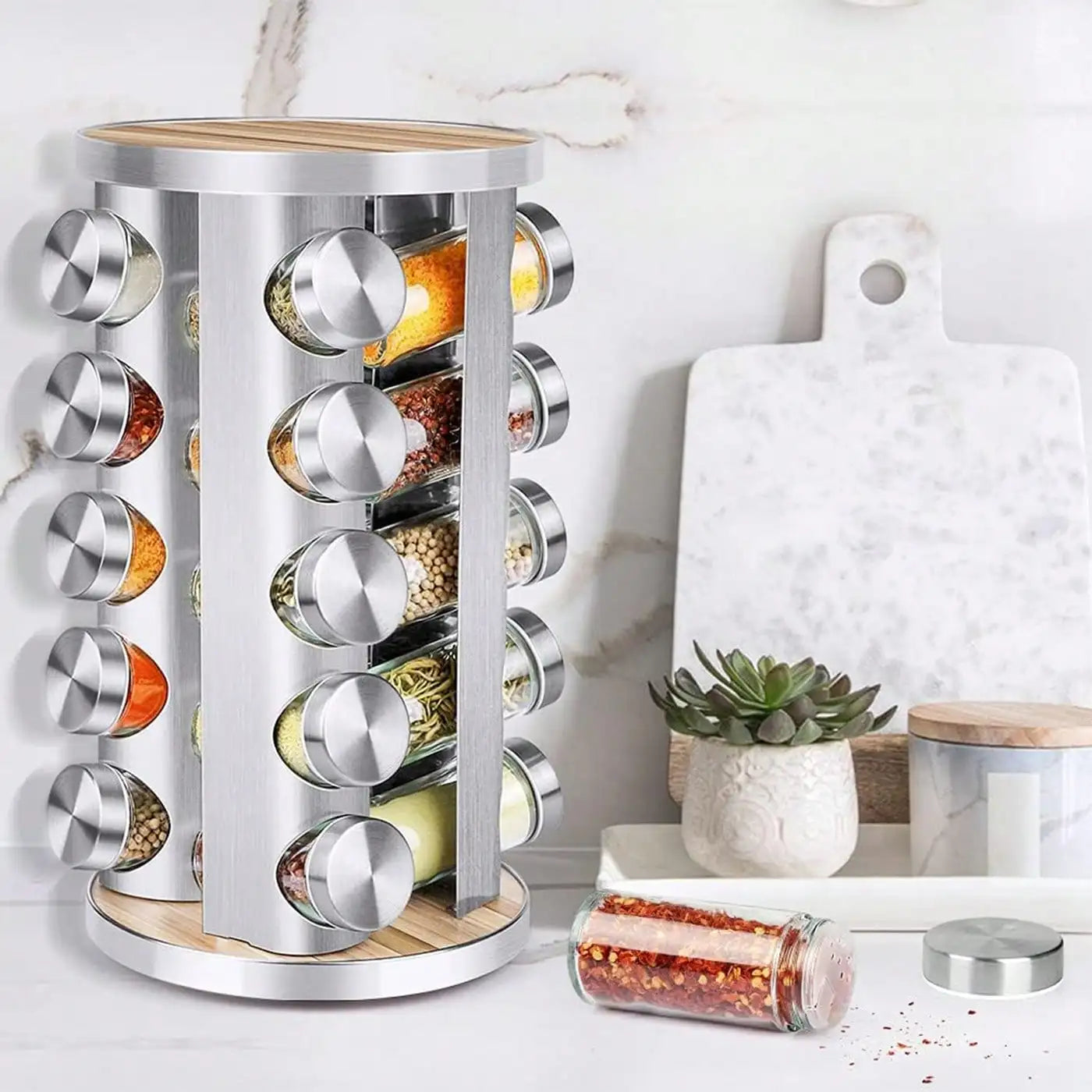 Spice Rack Organizer With Jars 20Pcs Revolving Stainless Steel Wood