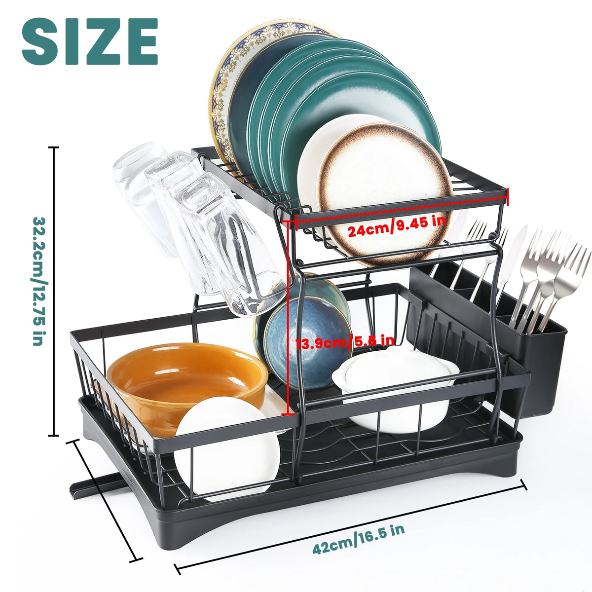 Two-Tier Dish Drying Rack For Kitchen Countertop, Removable