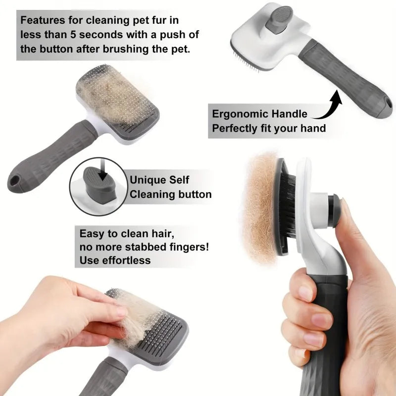 Dual-Use Pet Grooming Brush Self-Cleaning Slicker Comb With Ergonomic Handle