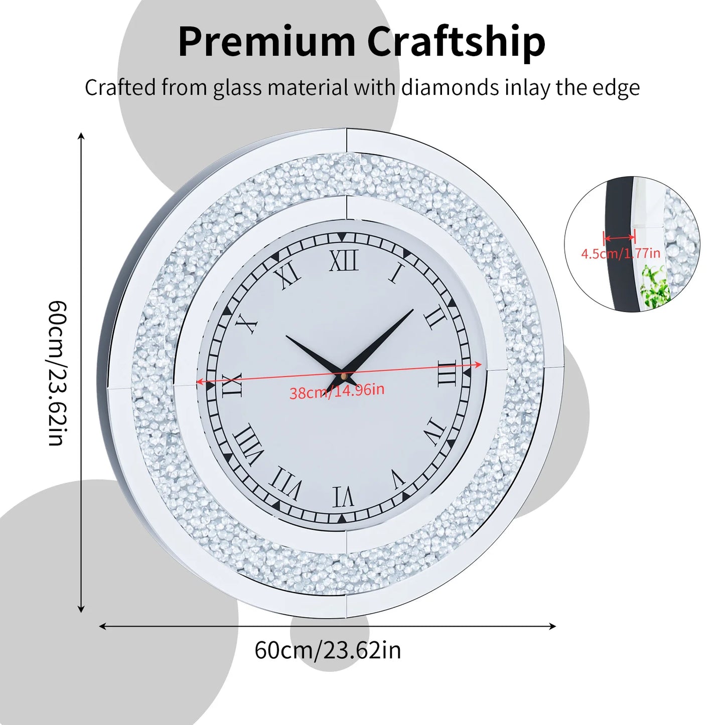 Round Mirror Wall Clock With Crystals Sparkle Diamond Design