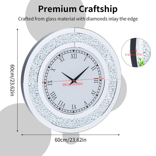 Round Mirror Wall Clock With Crystals Sparkle Diamond Design