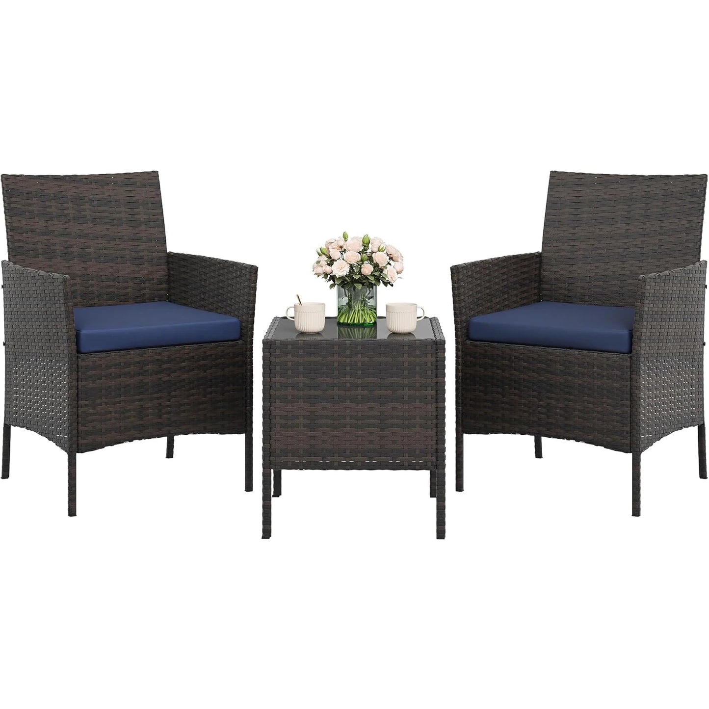 3-Piece Patio Furniture Set, PE Rattan Wicker Chairs With Cushions & Glass Table For Balcony Porch Poolside Garden Backyard