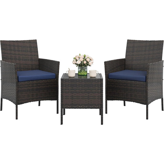 3-Piece Patio Furniture Set, PE Rattan Wicker Chairs With Cushions & Glass Table For Balcony Porch Poolside Garden Backyard