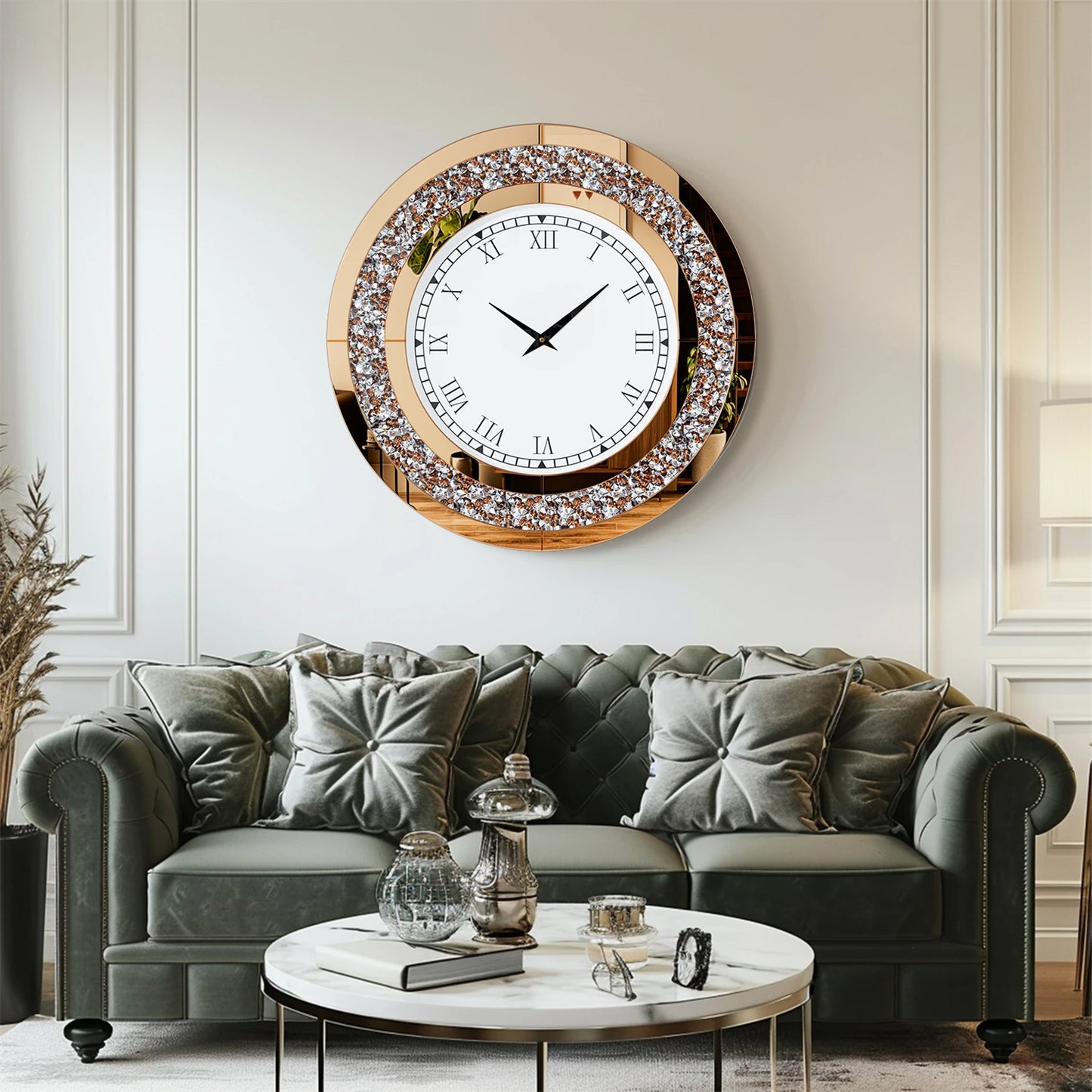 Round Mirror Wall Clock With Crystals Sparkle Diamond Design