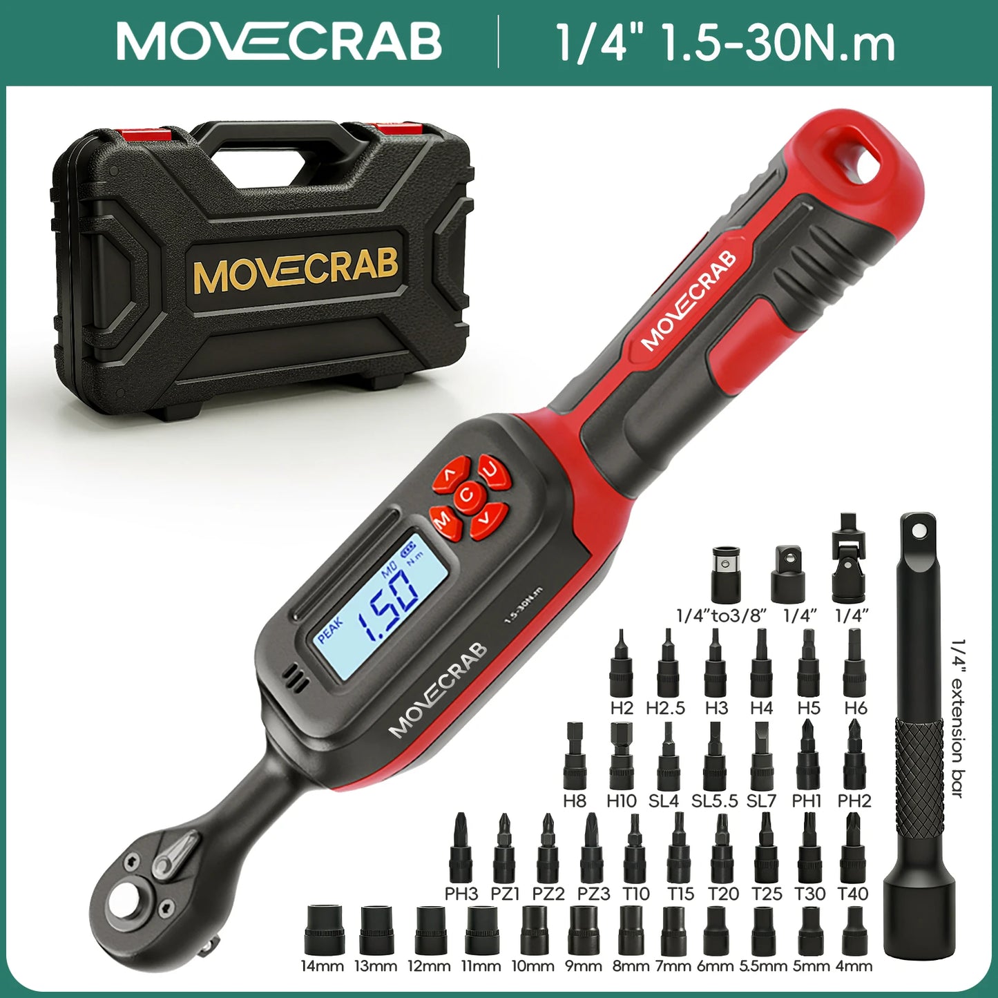 MoveCrab Torque Wrench One Quarter Inch Drive With LED Display And 40 Socket Set