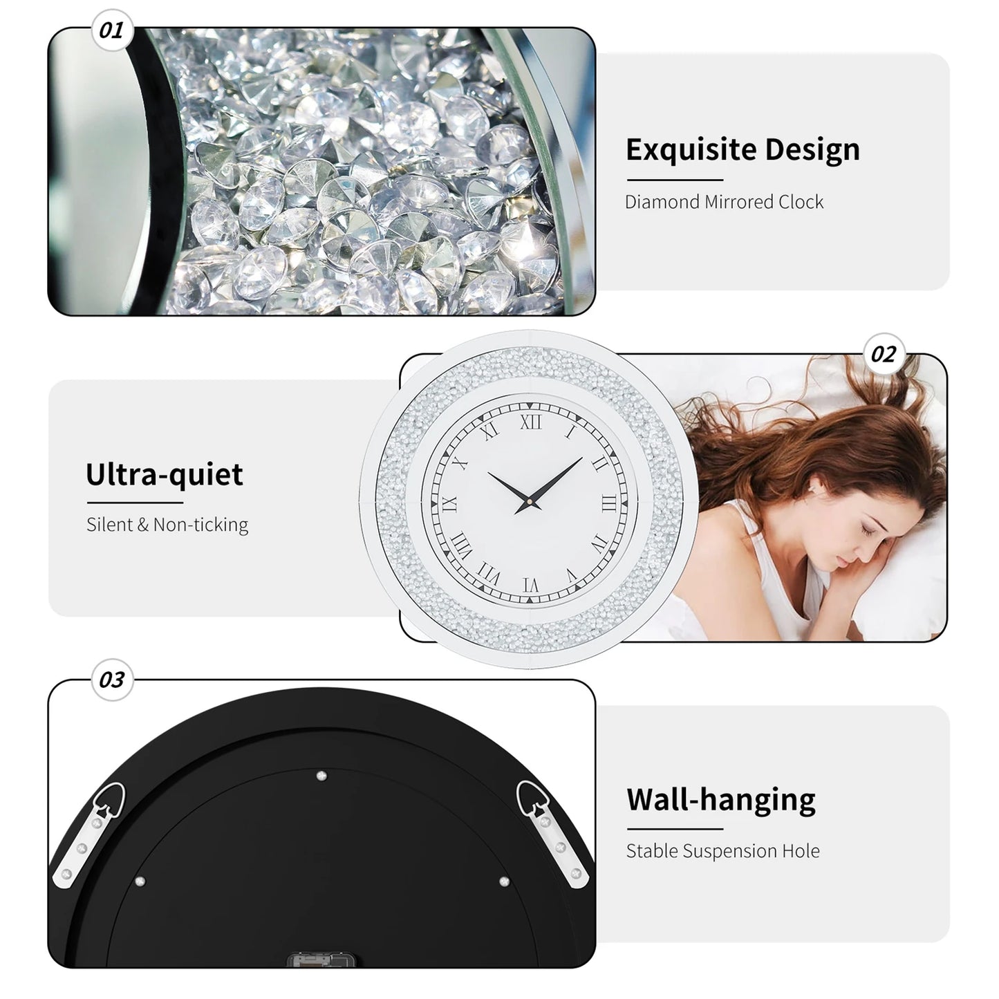 Round Mirror Wall Clock With Crystals Sparkle Diamond Design