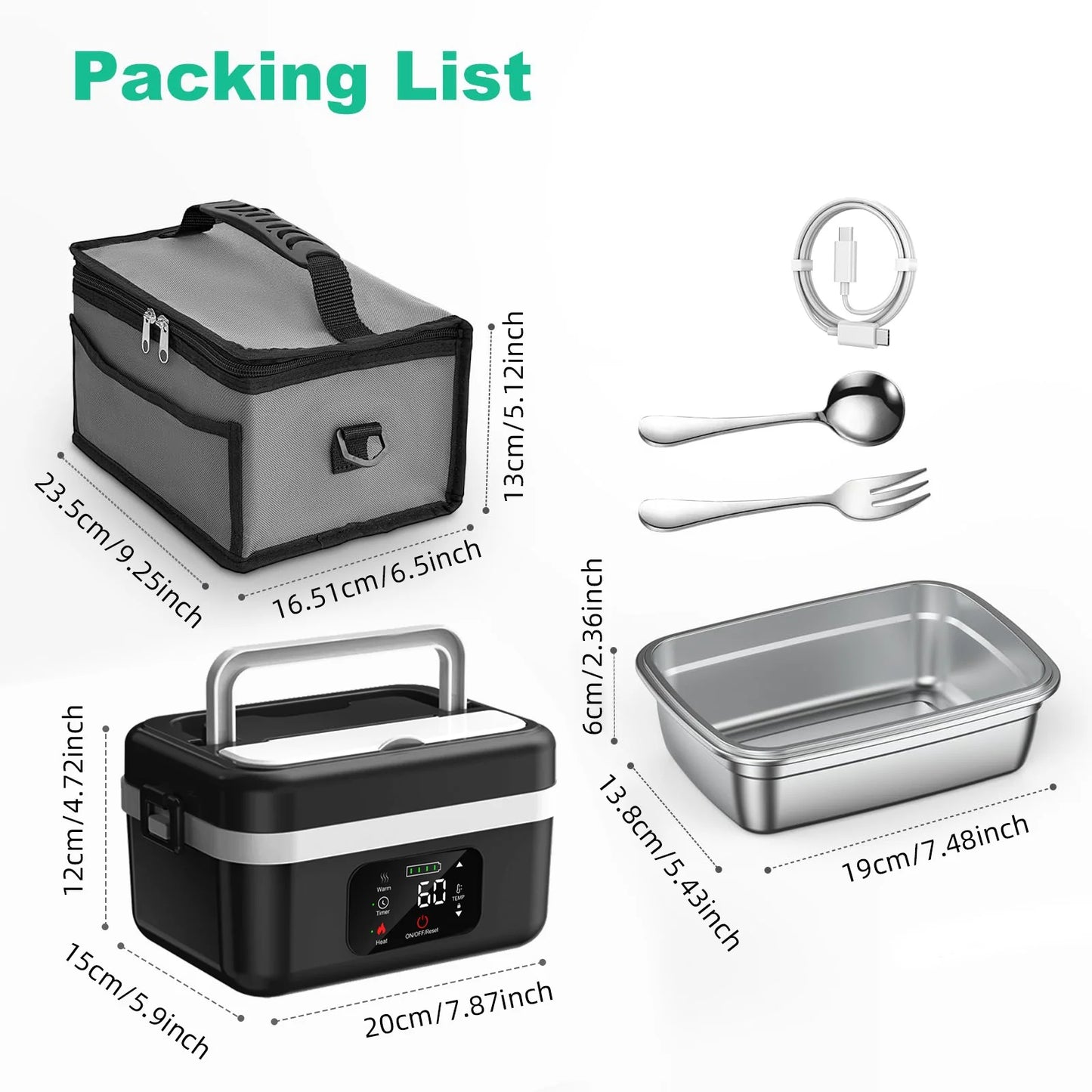 Wireless Insulated Lunch Box 1L 8000mAh Battery 60W Heating