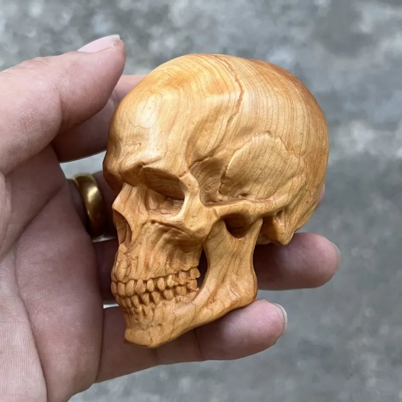 Hand-Carved Cypress/Boxwood Skull - 3.5" Gothic Style Wood Carving, Halloween Decor, Desktop Ornament, Pocket Figurine