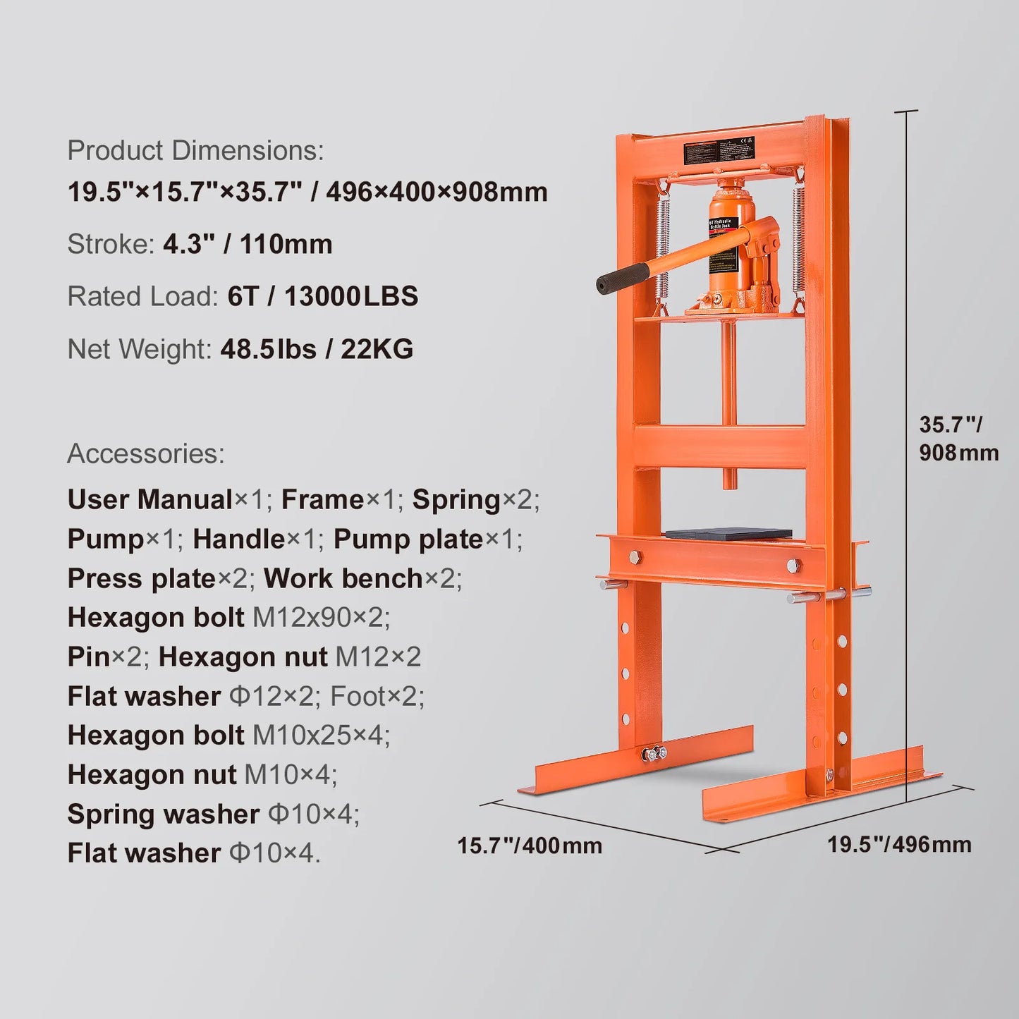 SucceBuy 6T H-Frame Hydraulic Shop Press With Plates