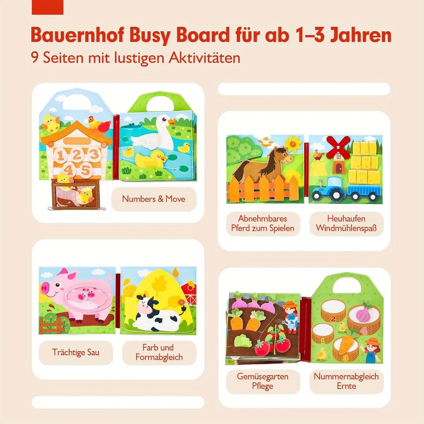Busy Book for Toddlers, Montessori Toys, Felt Farm Quiet Activity Book, Educational Busy Board