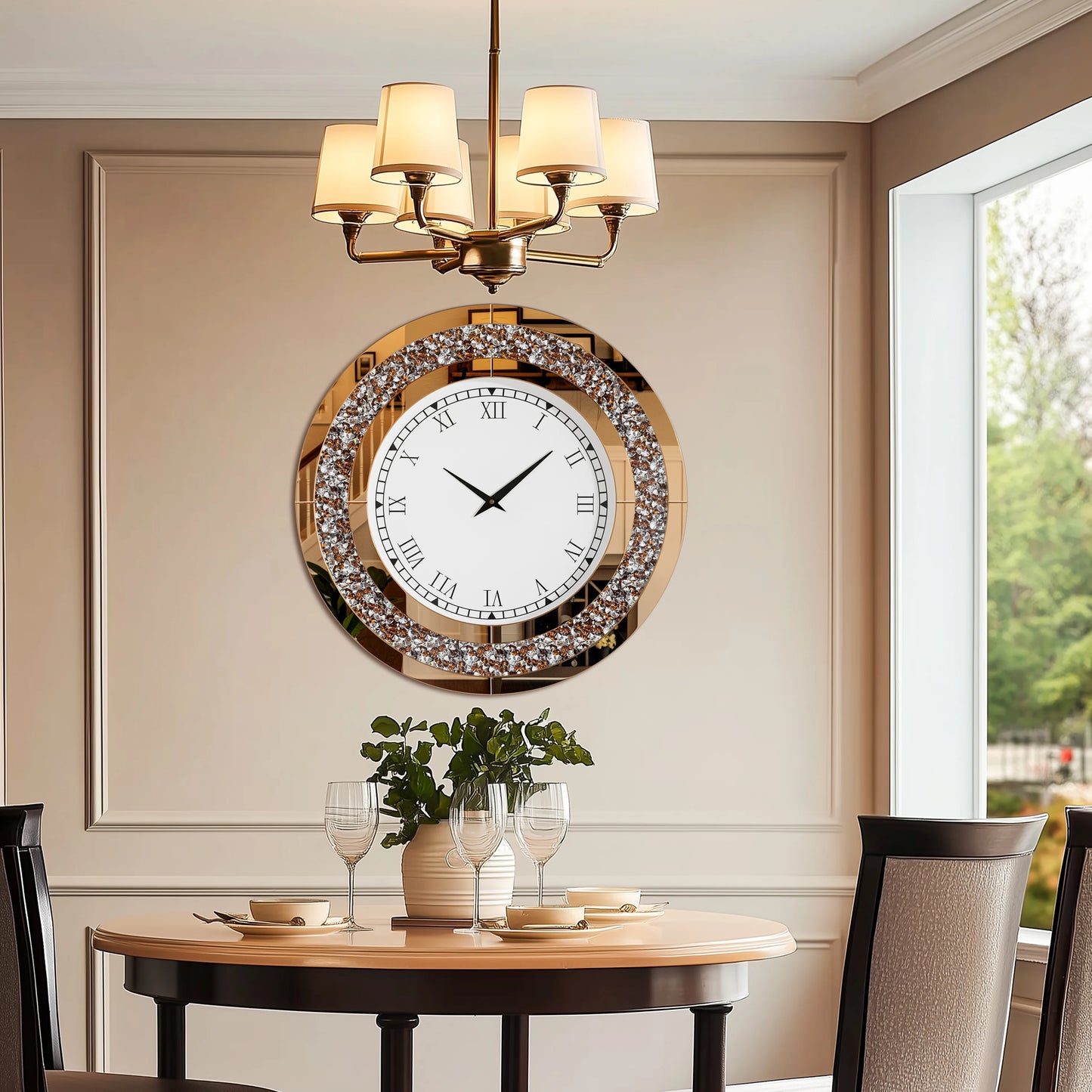 Round Mirror Wall Clock With Crystals Sparkle Diamond Design