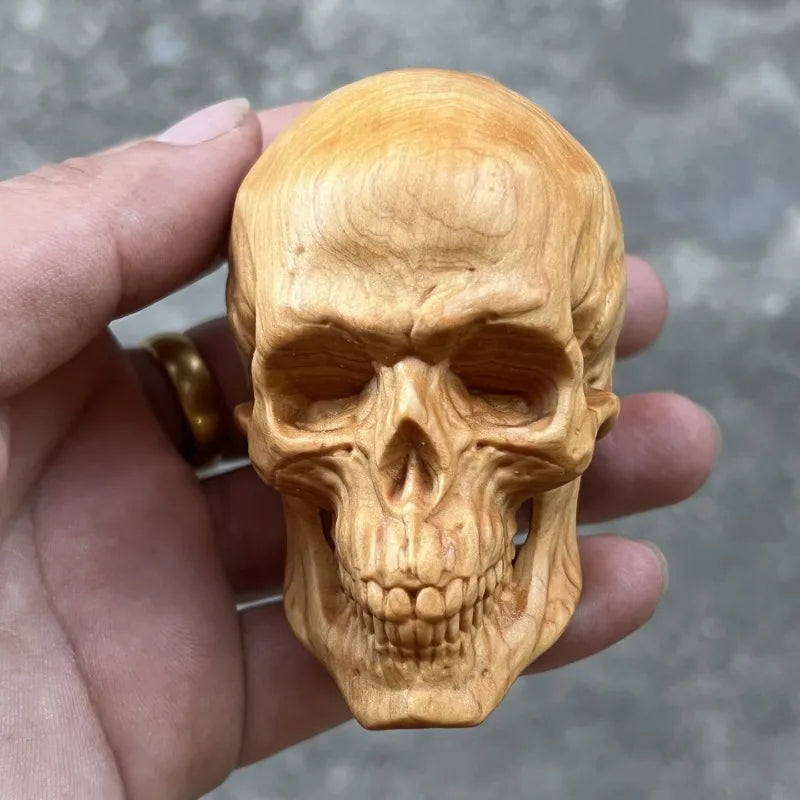 Hand-Carved Cypress/Boxwood Skull - 3.5" Gothic Style Wood Carving, Halloween Decor, Desktop Ornament, Pocket Figurine