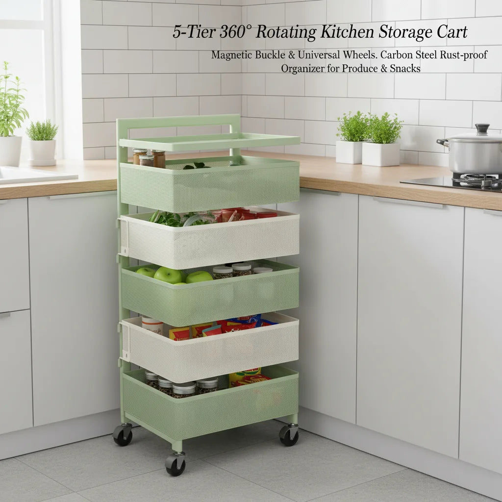 Bymaocar 5-Tier Rotating Kitchen Rack With 360° Swivel Lockable Wheels