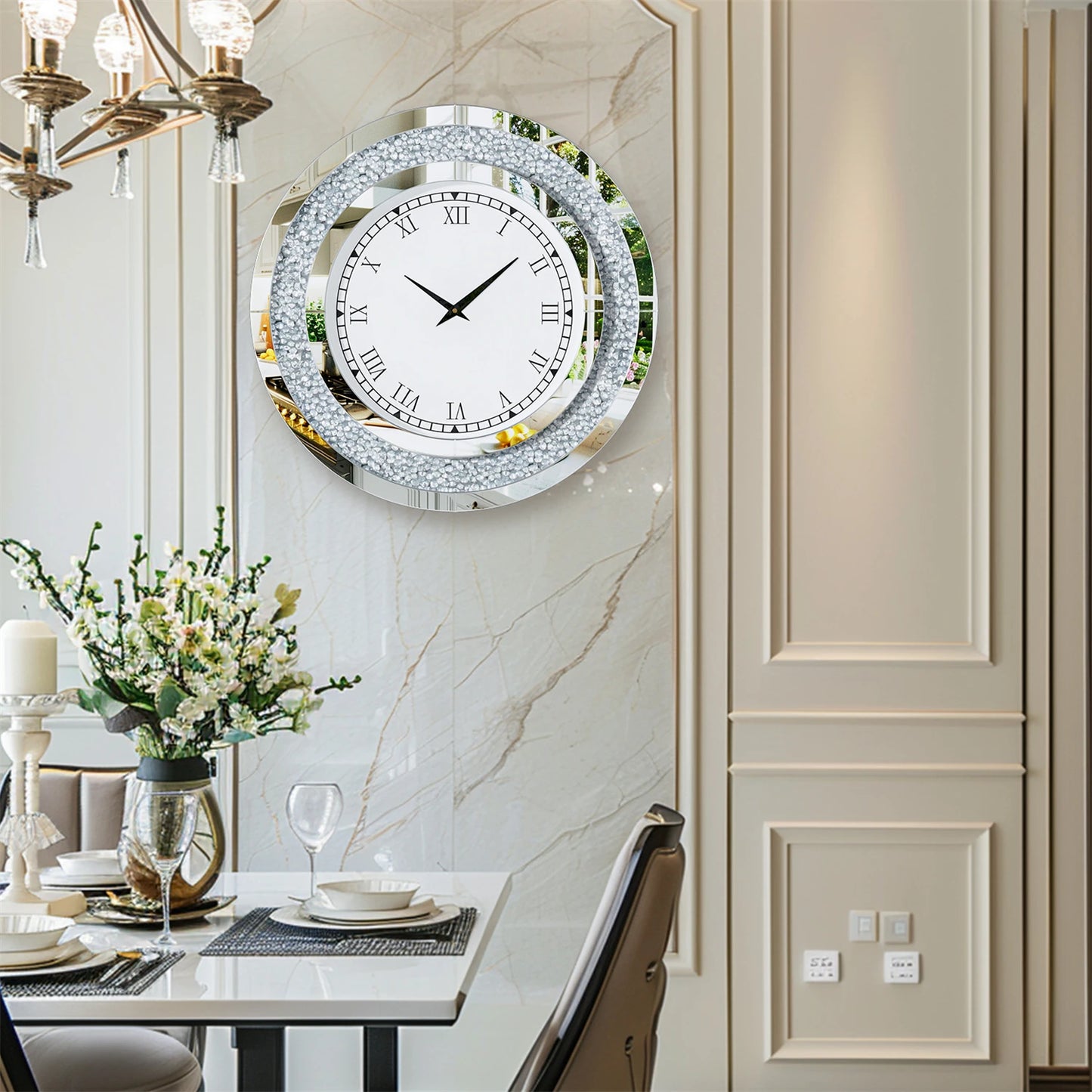 Round Mirror Wall Clock With Crystals Sparkle Diamond Design