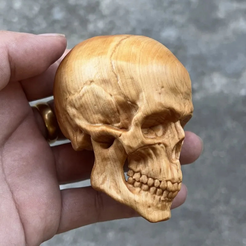 Hand-Carved Cypress/Boxwood Skull - 3.5" Gothic Style Wood Carving, Halloween Decor, Desktop Ornament, Pocket Figurine
