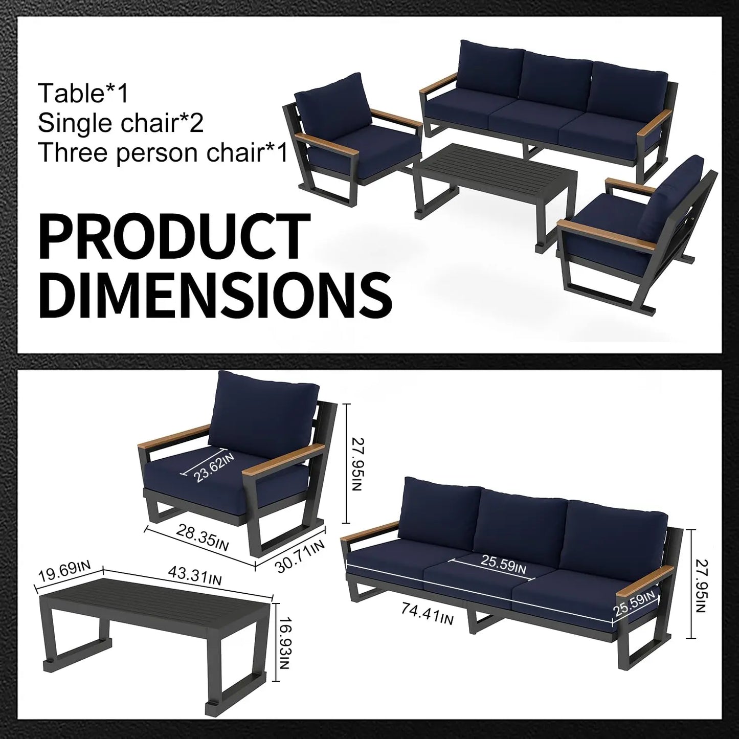 Aluminum Outdoor Patio Furniture Set with Coffee Table,4 Piece Patio Conversation Sets with Washable Thick, Customized