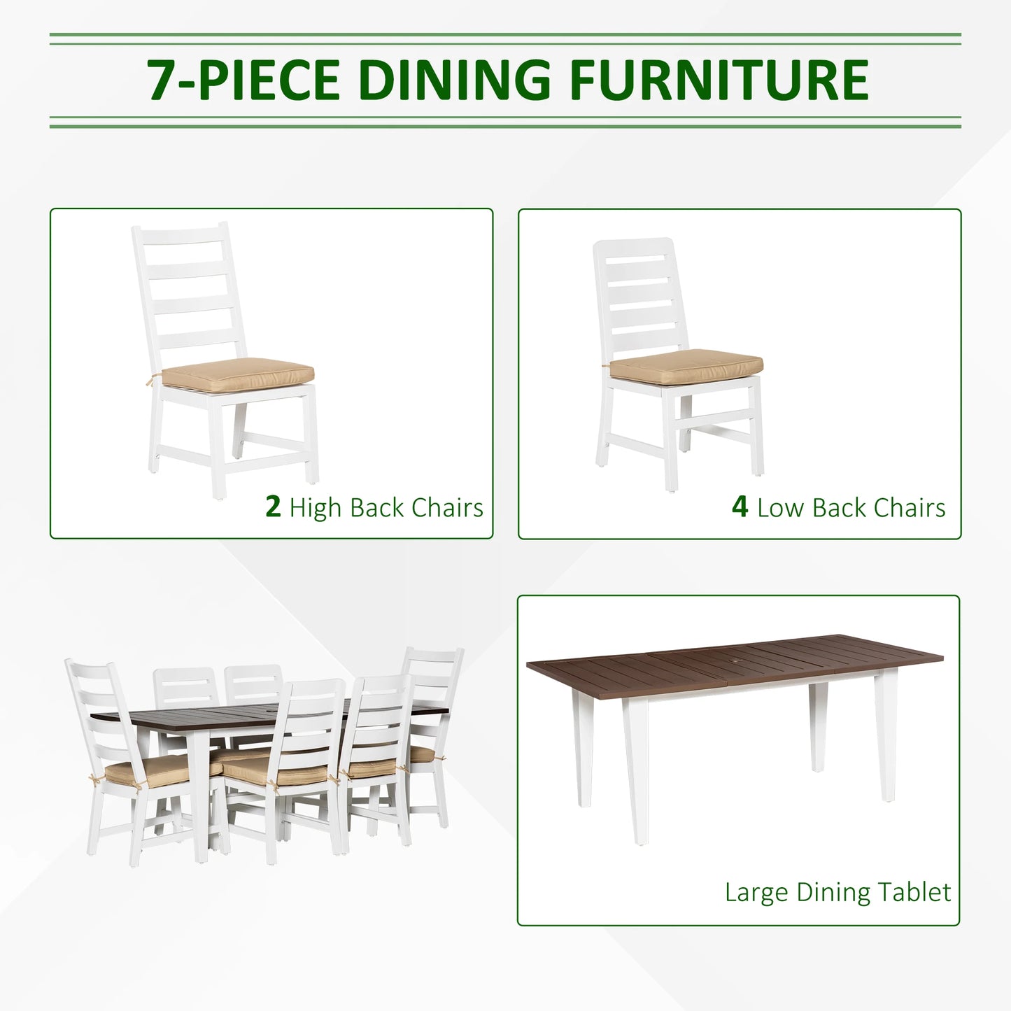 7 Pc Aluminum Outdoor Dining Furniture Set with Umbrella Hole & Seat Cushion