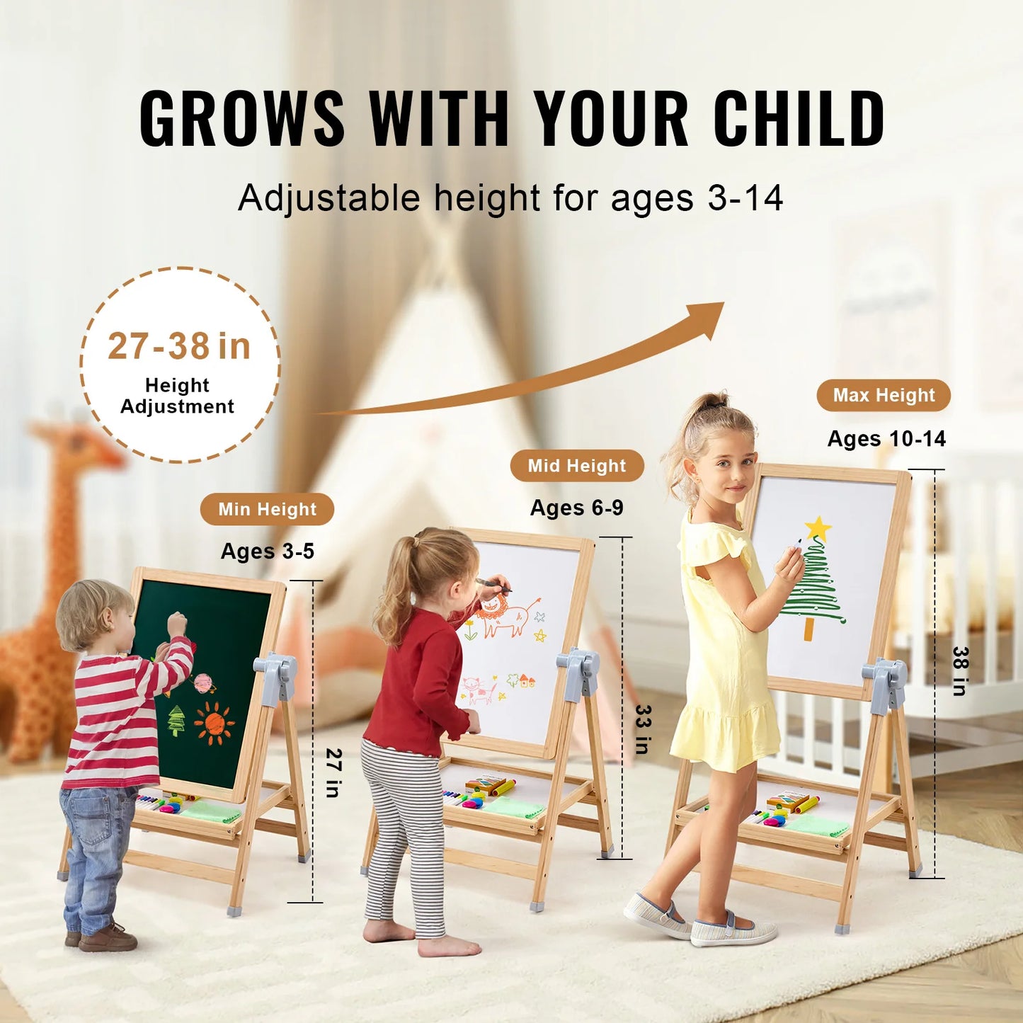 SucceBuy Standing Magnetic Drawing Board With Wooden Art Easel Kit