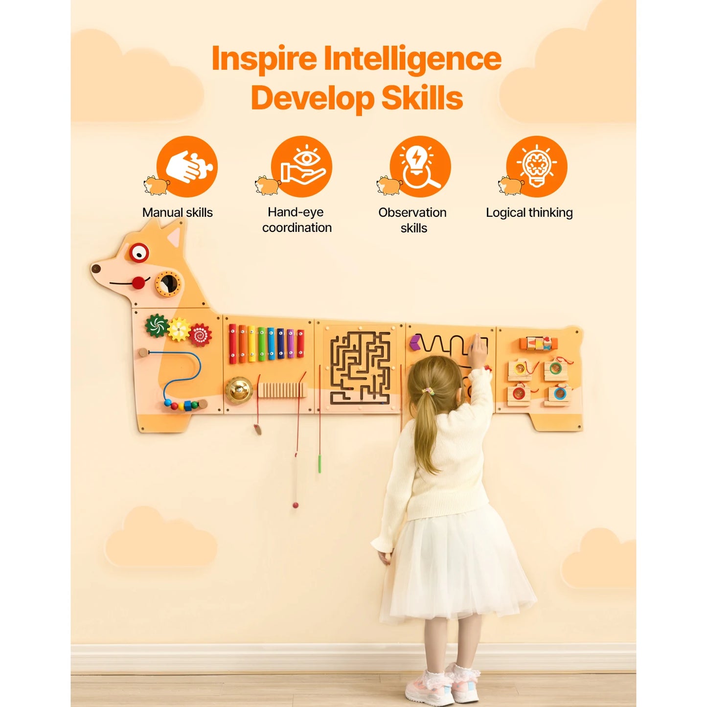 SucceBuy Puppy Kids Wall Busy Panels 12 Activities Montessori Sensory Board