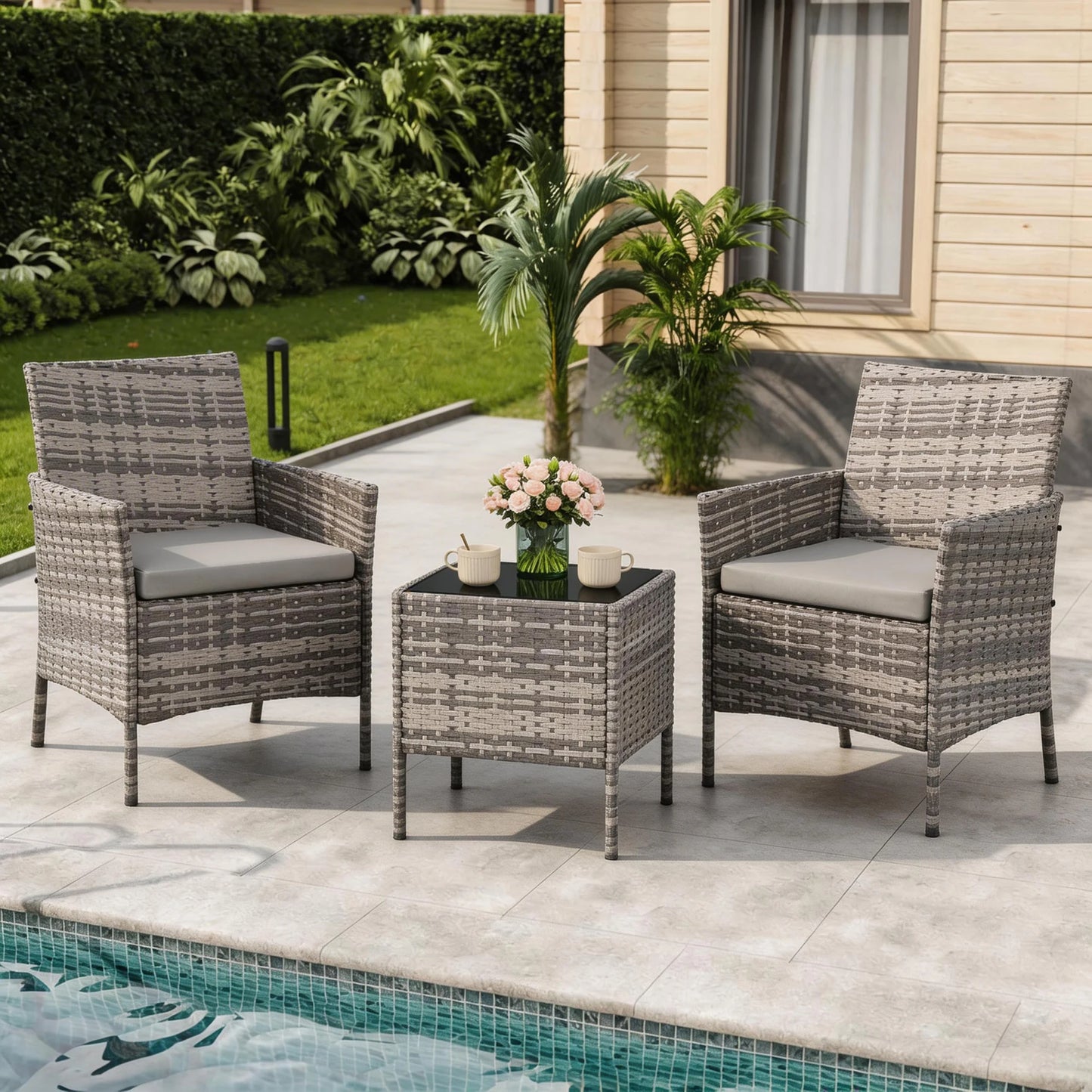 3-Piece Patio Furniture Set, PE Rattan Wicker Chairs With Cushions & Glass Table For Balcony Porch Poolside Garden Backyard