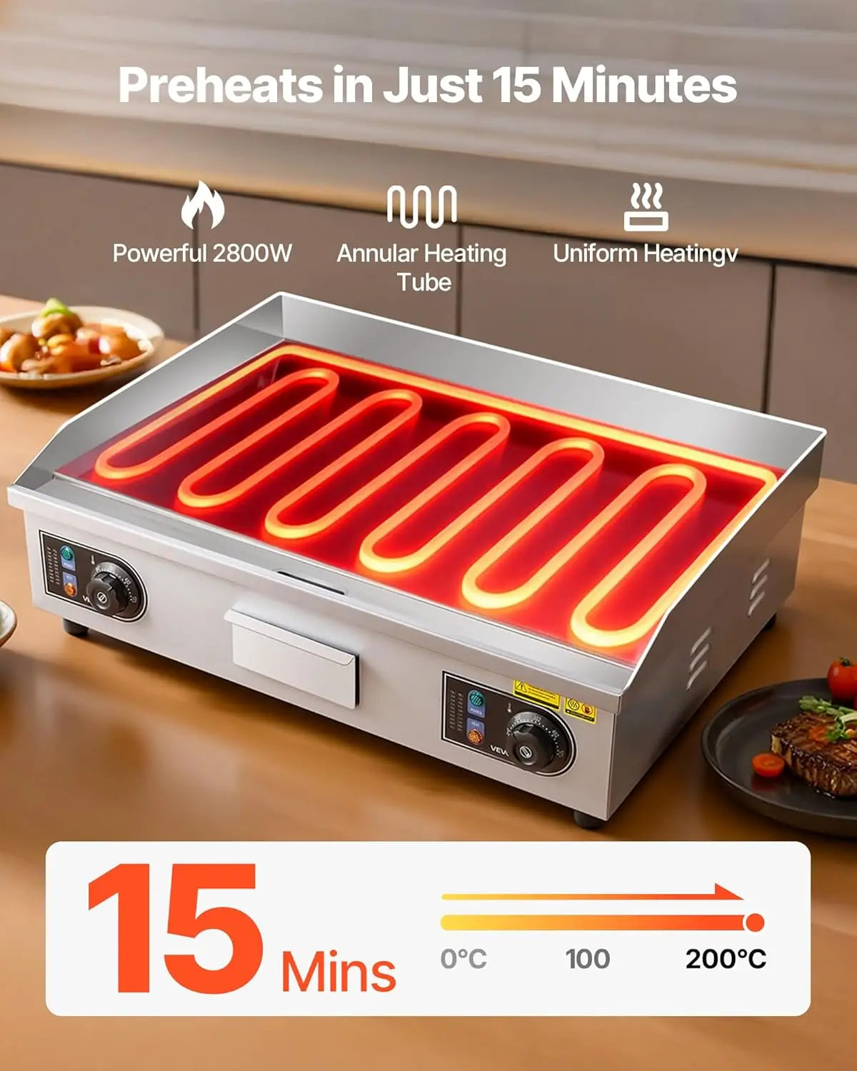Upgraded Commercial Electric Griddle 2800W Stainless Steel Countertop Grill