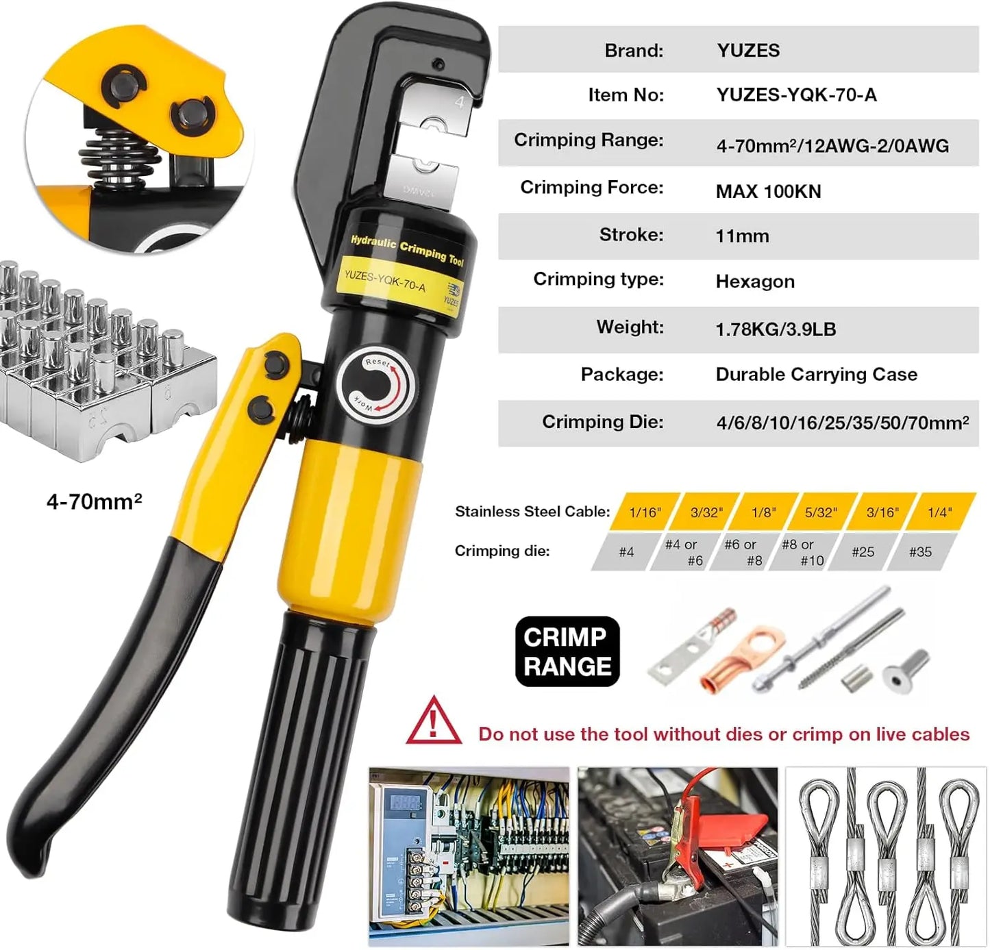 Hydraulic Crimping Tool And Cable Cutter, 10 Tons, 9 Dies