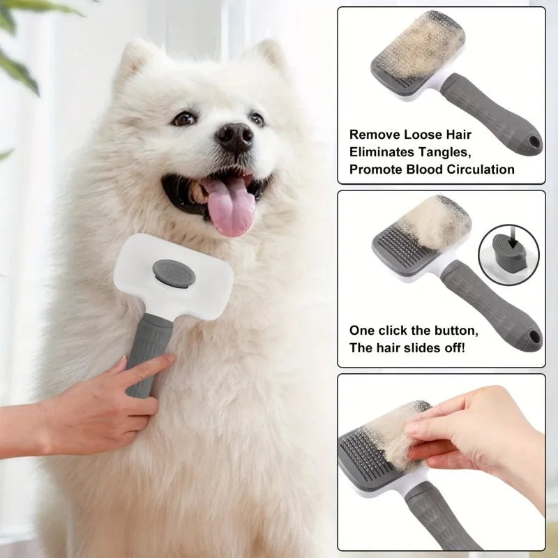 Dual-Use Pet Grooming Brush Self-Cleaning Slicker Comb With Ergonomic Handle