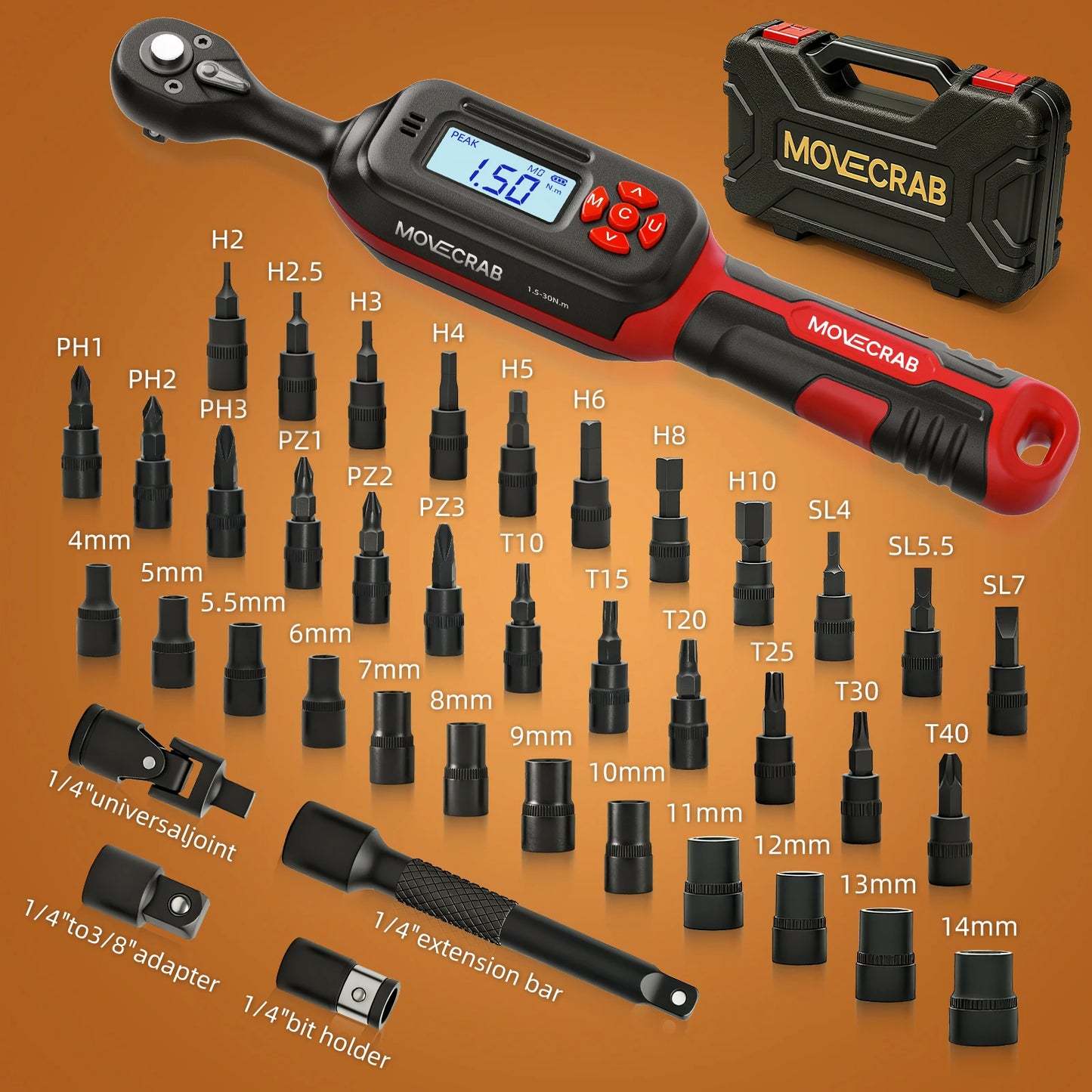 MoveCrab Torque Wrench One Quarter Inch Drive With LED Display And 40 Socket Set