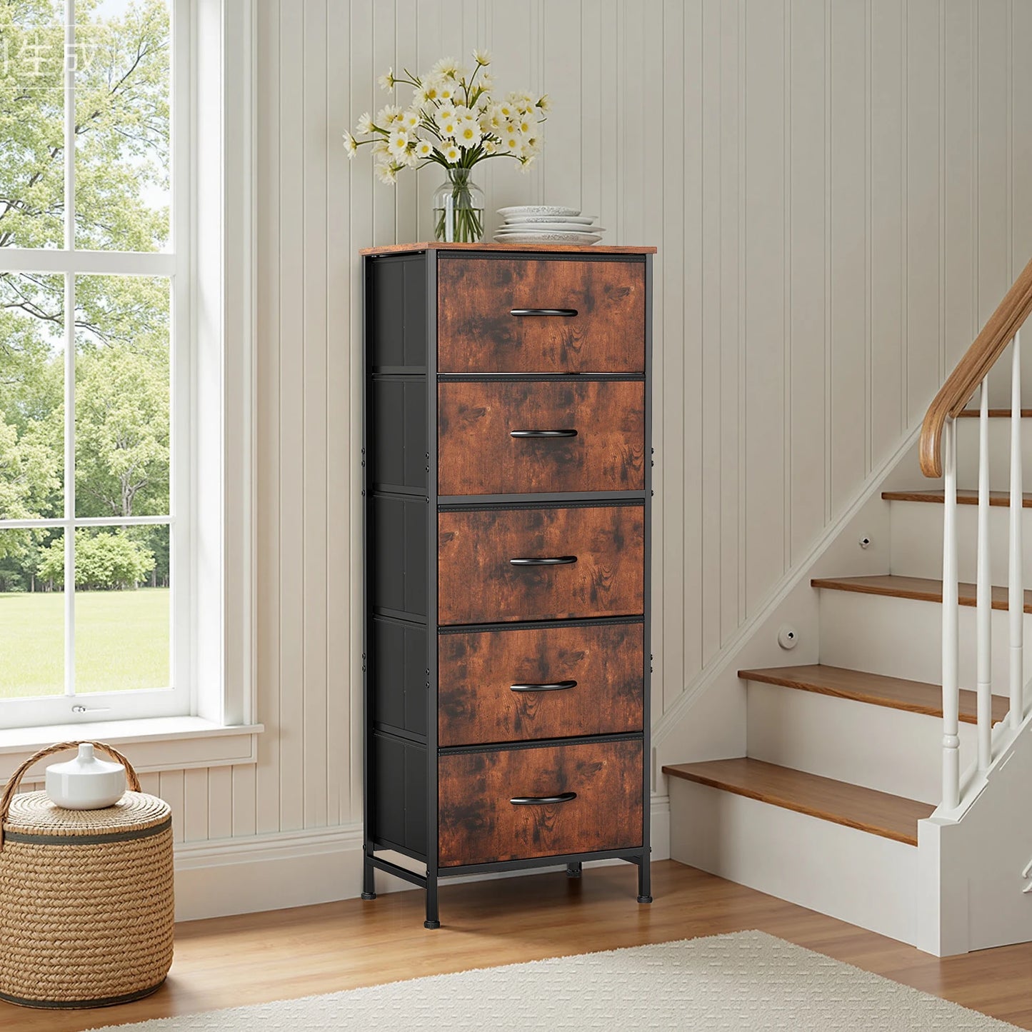 JHK Dresser With Five Fabric Drawers For Bedroom Storage