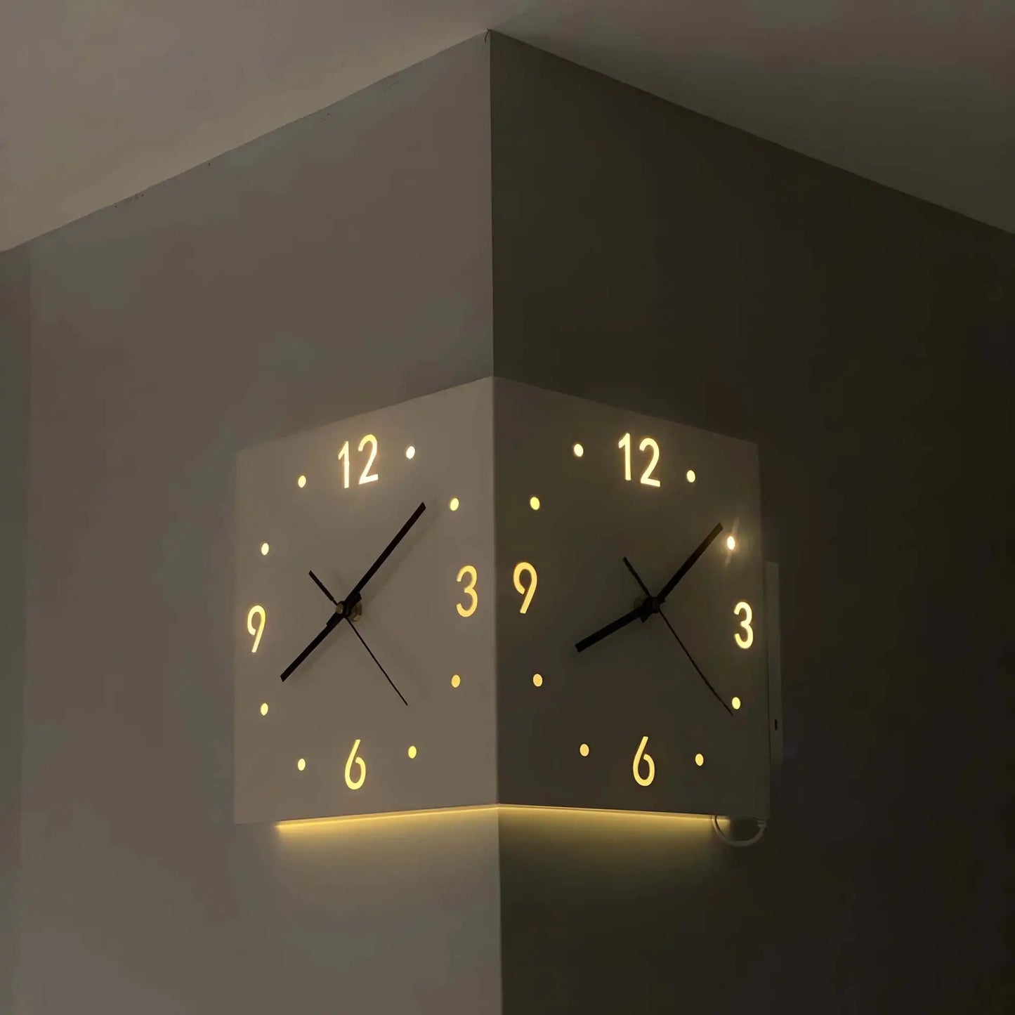 Double Sided Luminous Corner Wall Clock Modern Silent Timepiece