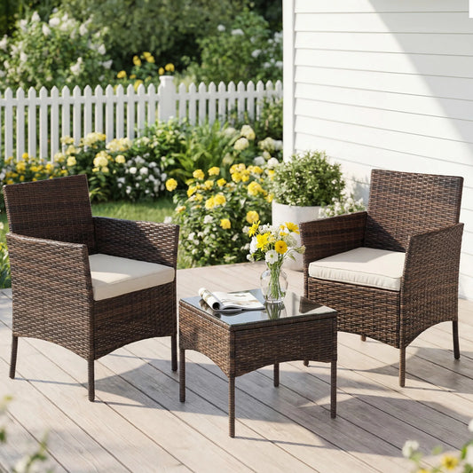 JHK Outdoor Patio Furniture Set Wicker Cushioned Chairs Glass Table