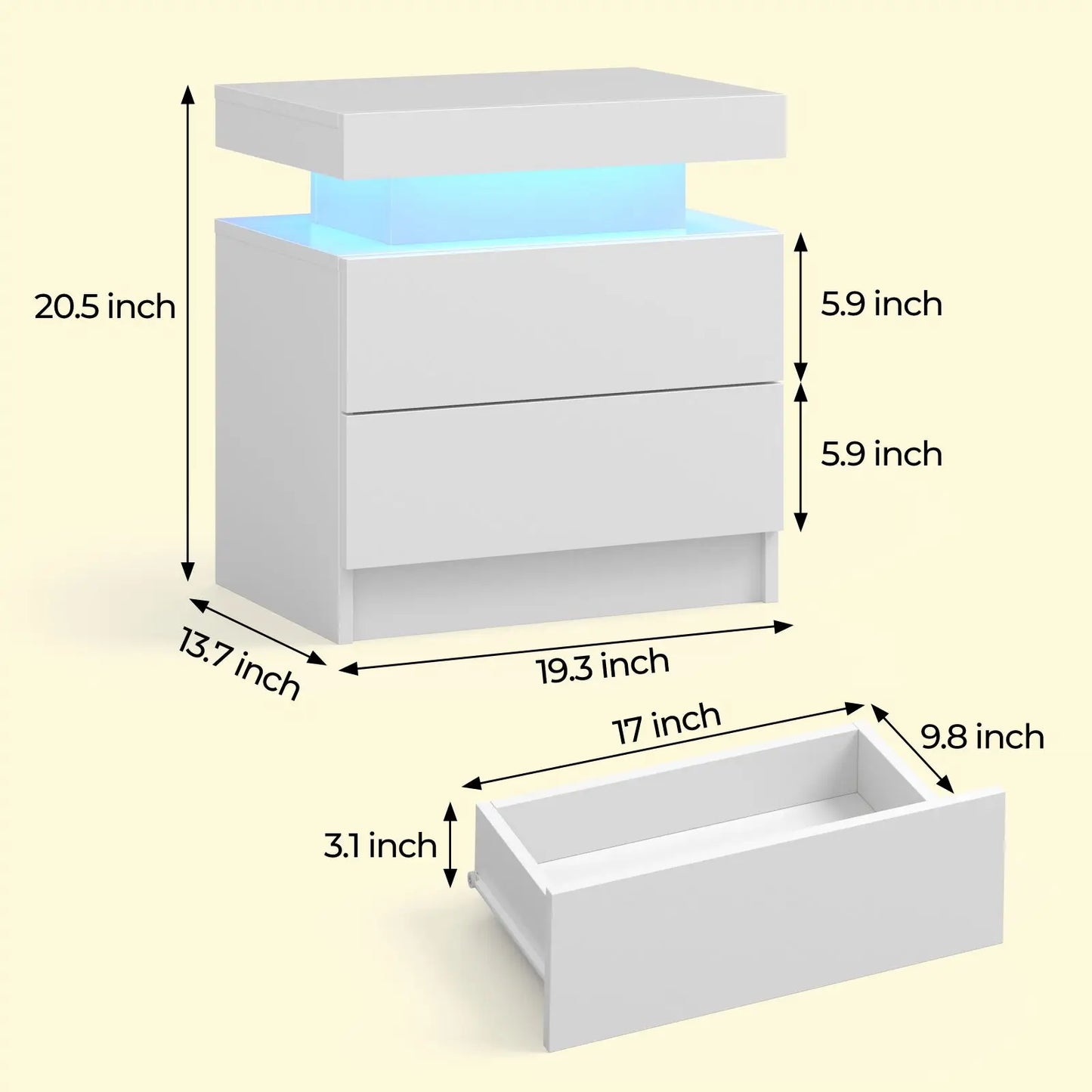 Cubehom LED Nightstand With 2 Drawers And RGB Lighting