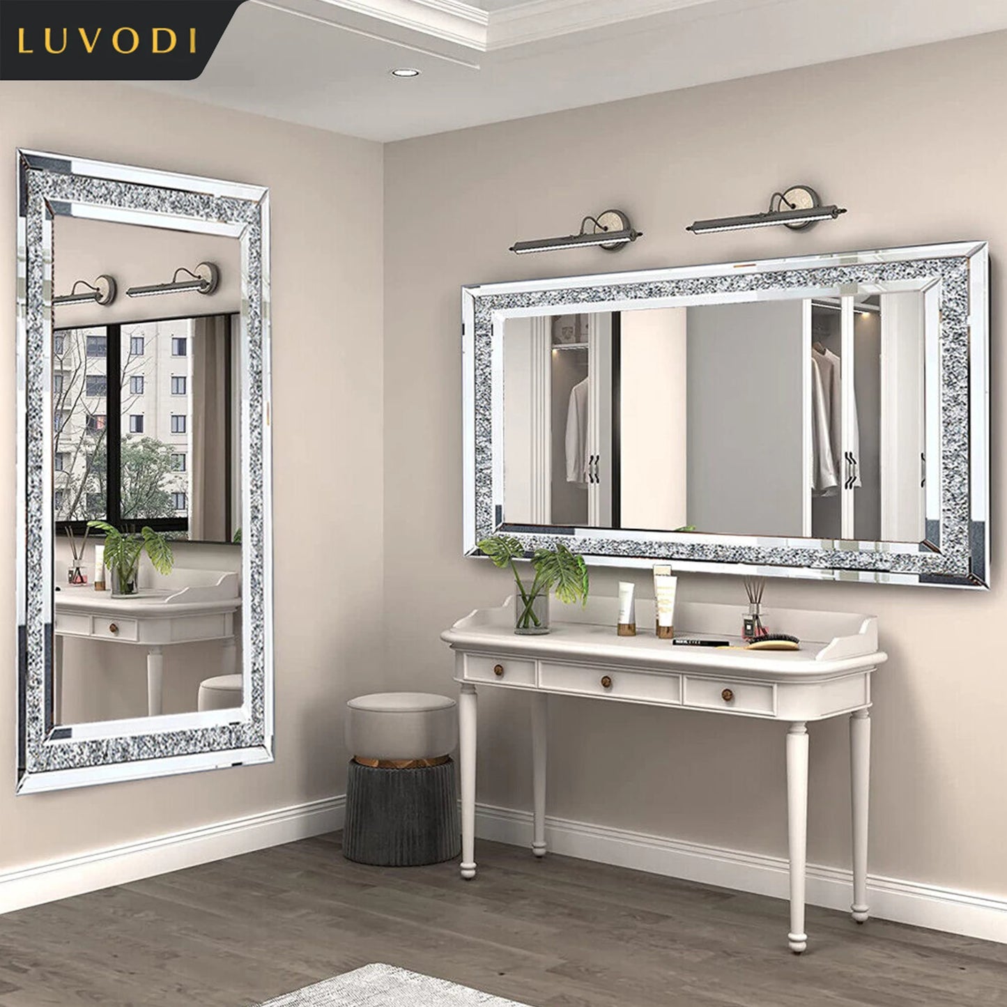 LUVODI Crystal Rhinestone Frameless Vanity Mirror Wall Mount