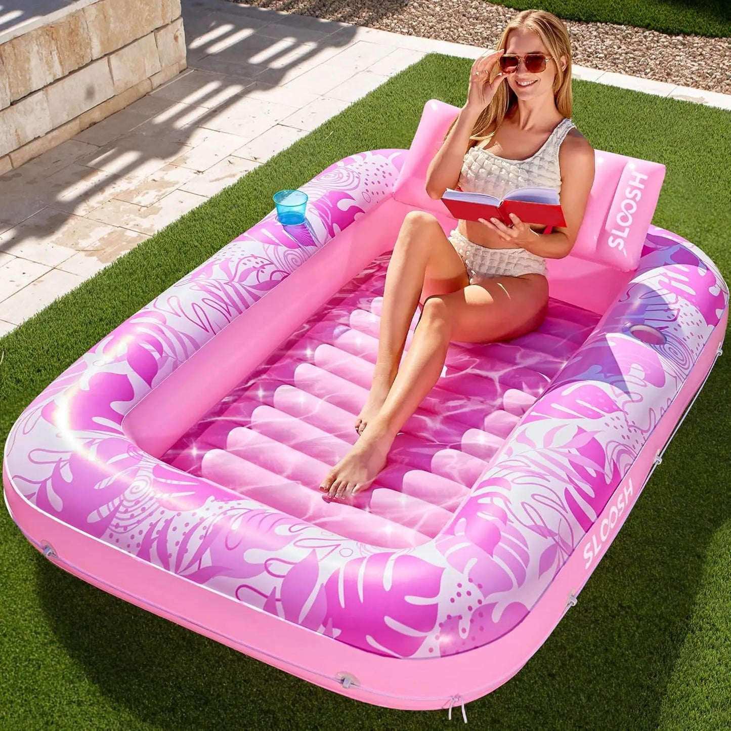 Joyfy Inflatable Pool Lounger With Pillow And Drink Holders